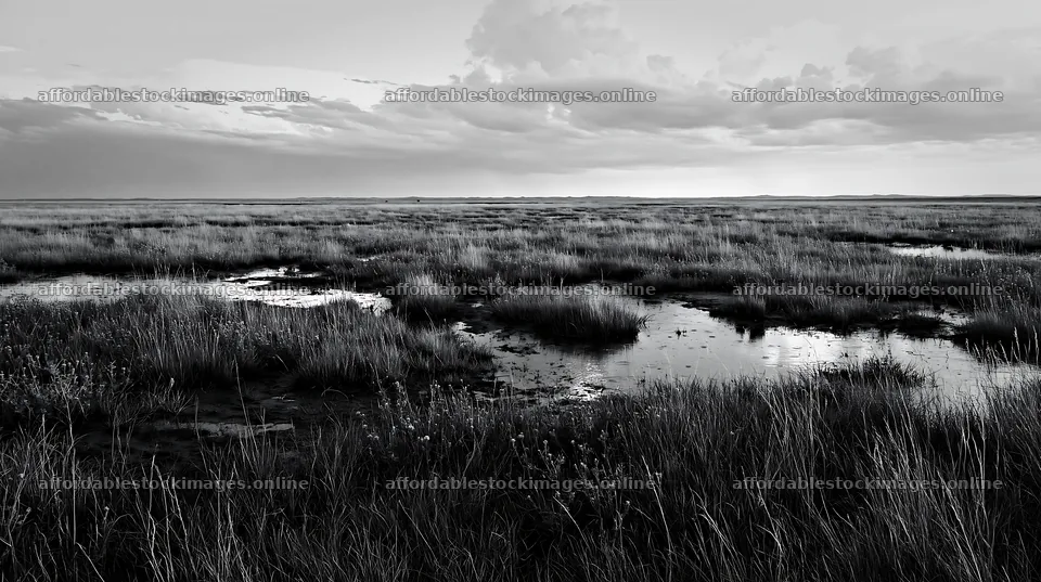 Drought-tolerant meadow with water pools under cloudy sky – stock images 10608x5938