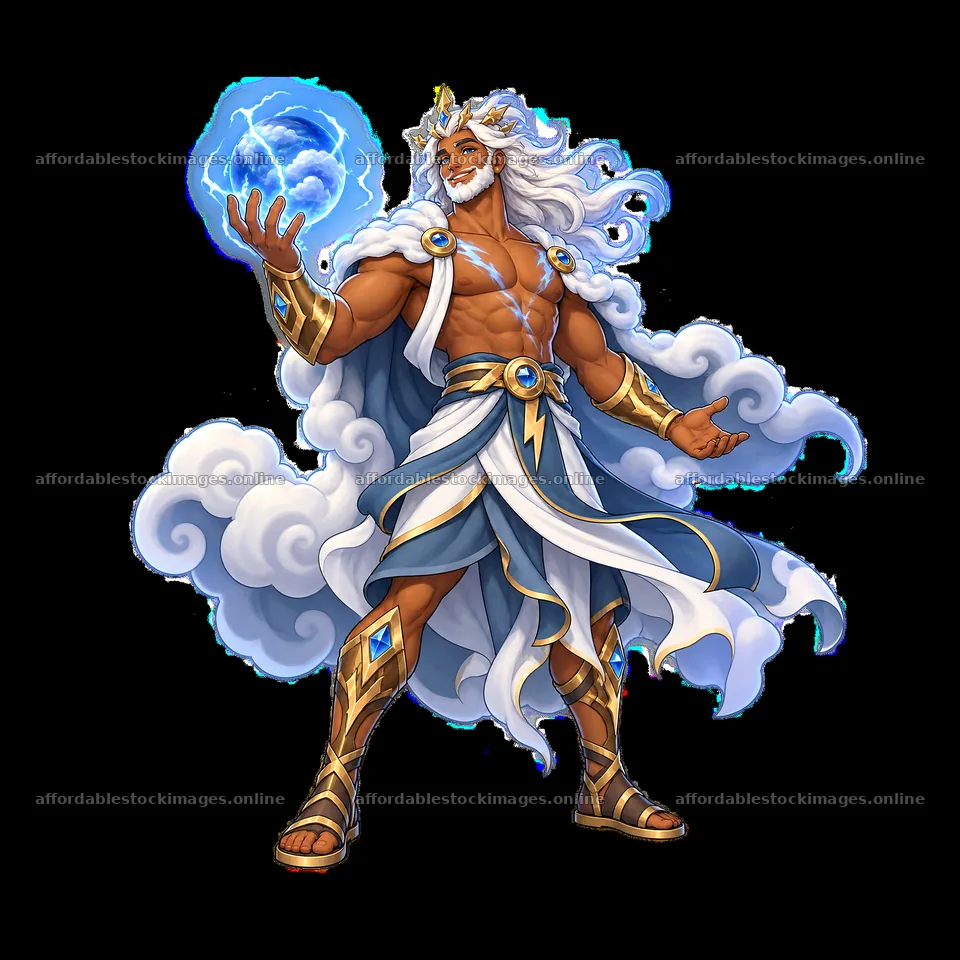 Pagan god of thunder holding a glowing orb in a dramatic pose – stock images 7746x7746
