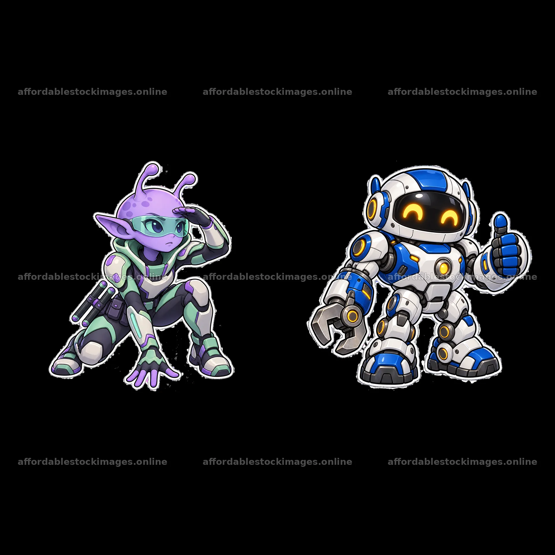 Kawaii futuristic super-soldier duo with robot and alien – stock images 7746x7746
