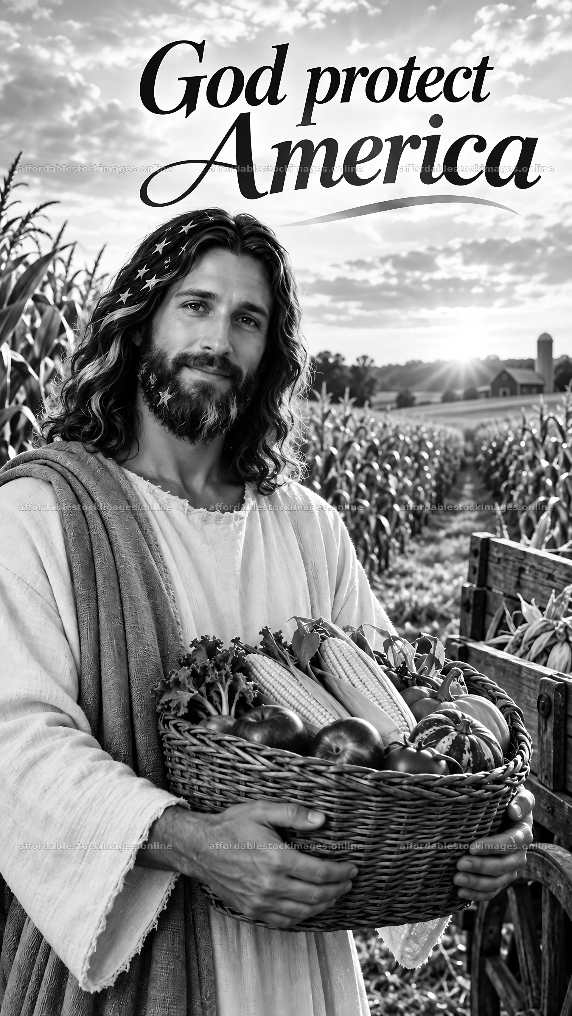 Jesus Christ holding a basket of fresh produce in a field – stock images 5811x10326