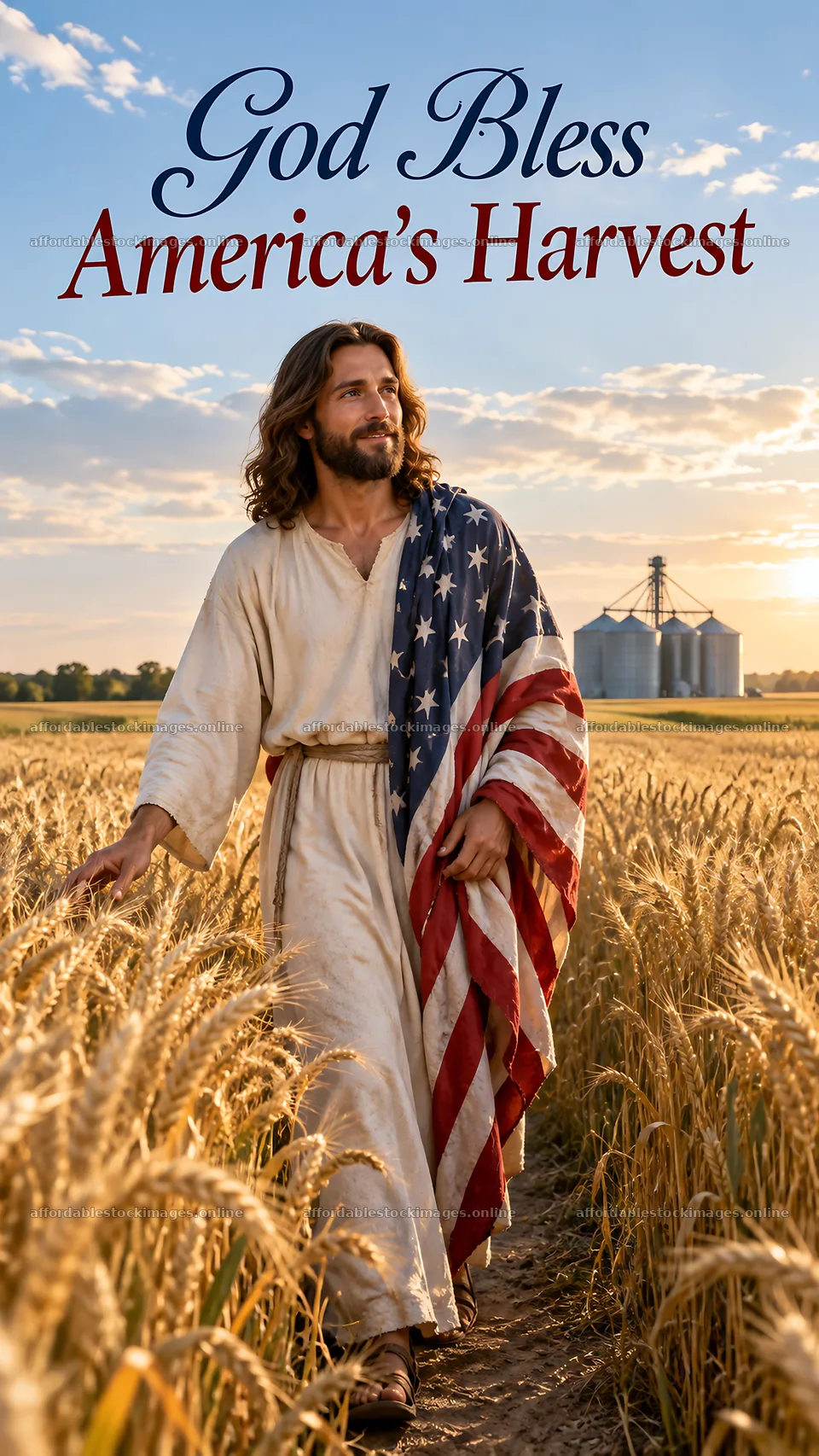 Jesus Christ walking through golden wheat fields with an – stock images 5811x10326