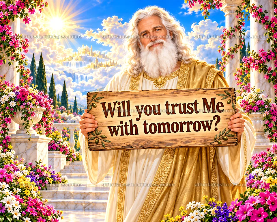 Jesus Christ holding a sign asking for trust in tomorrow – stock images 8659x6930