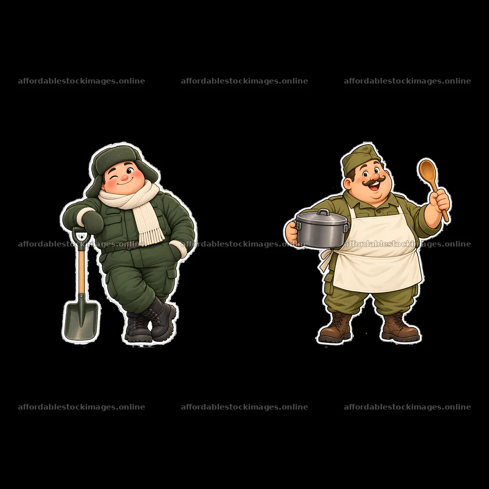 Cute ultra-chubby soldier with shovel and chef holding spoon – stock images 7746x7746