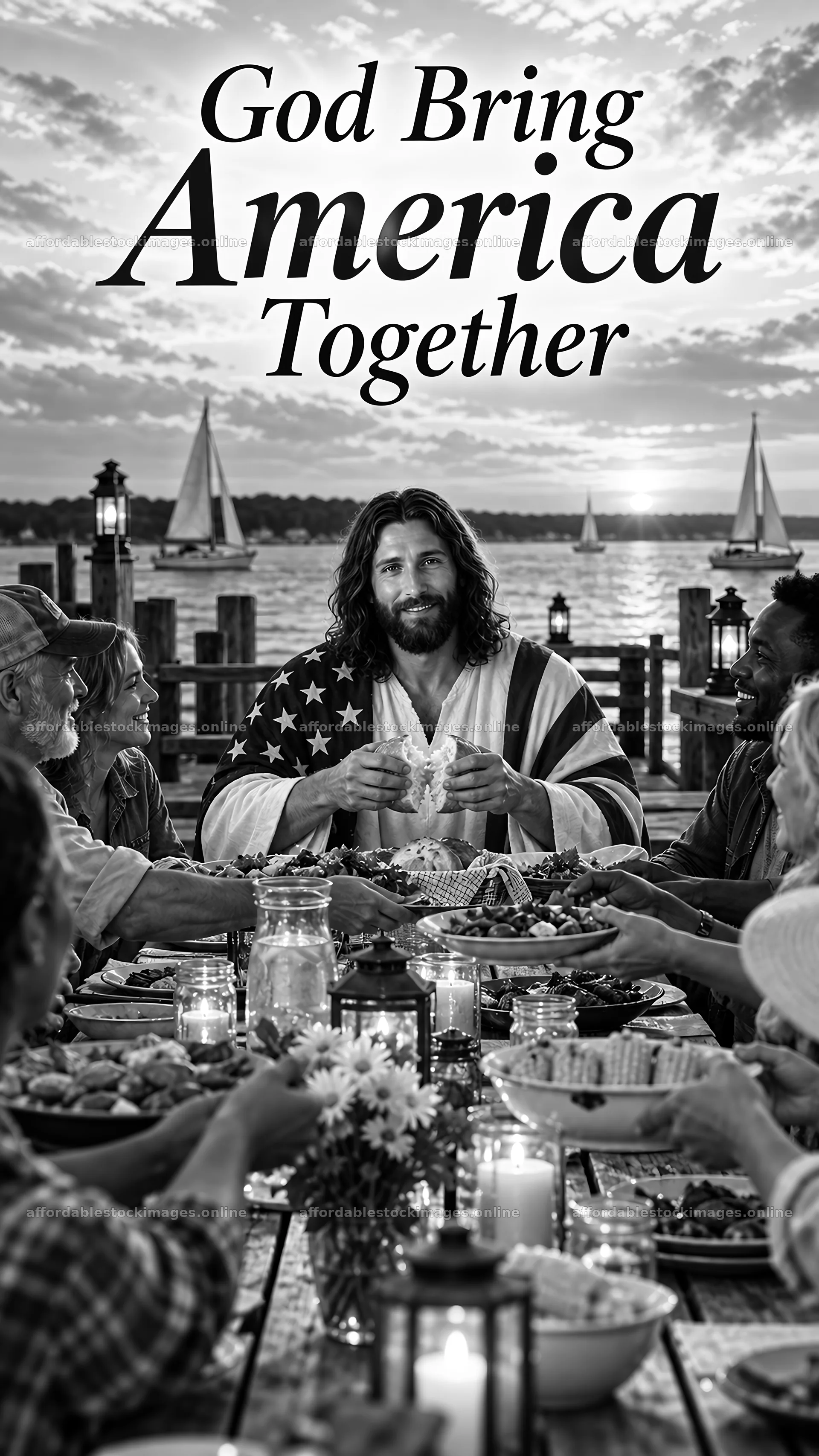 Jesus Christ sharing a meal with diverse people – stock images 5811x10326