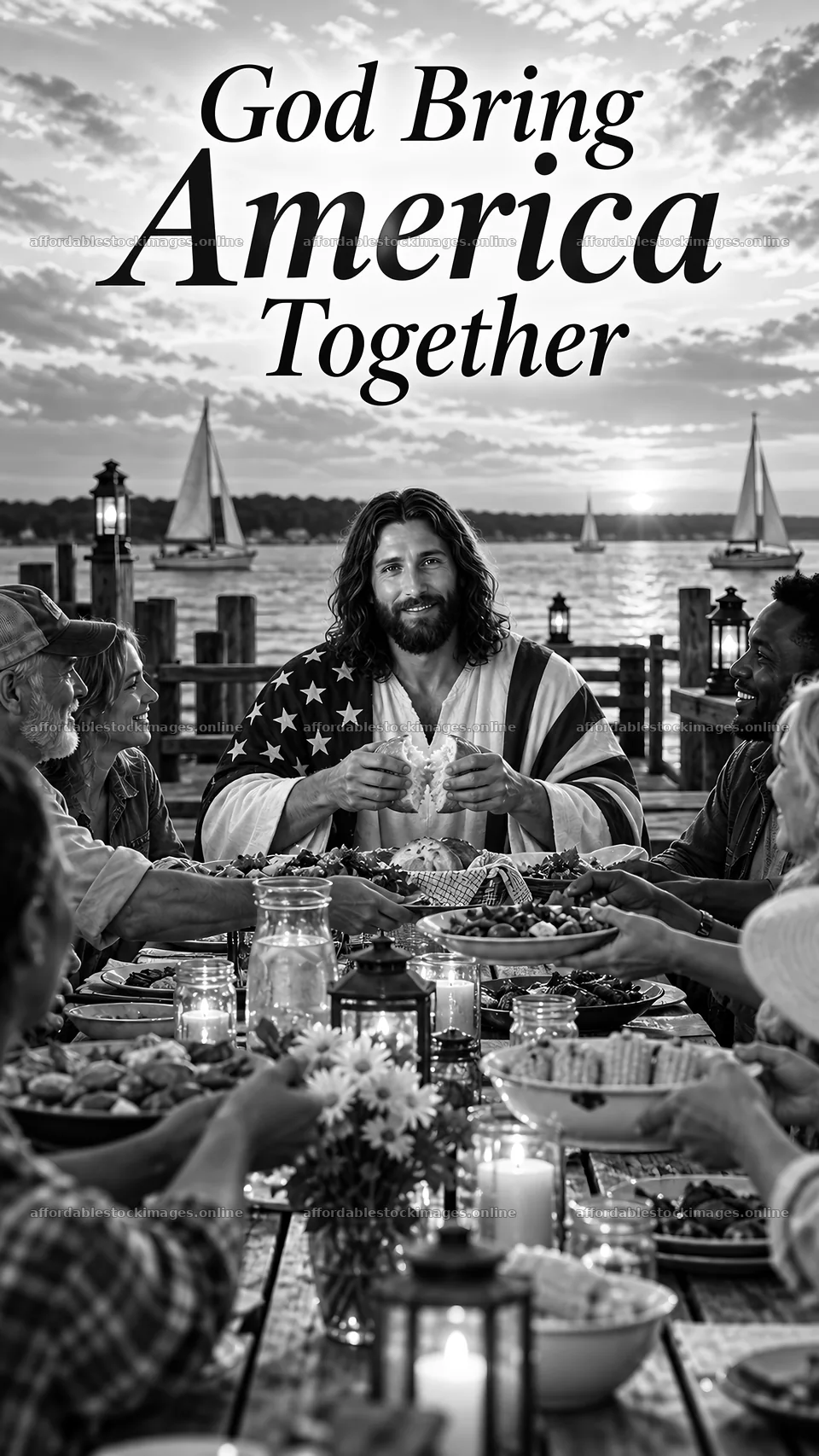 Jesus Christ sharing a meal with diverse people – stock images 5811x10326