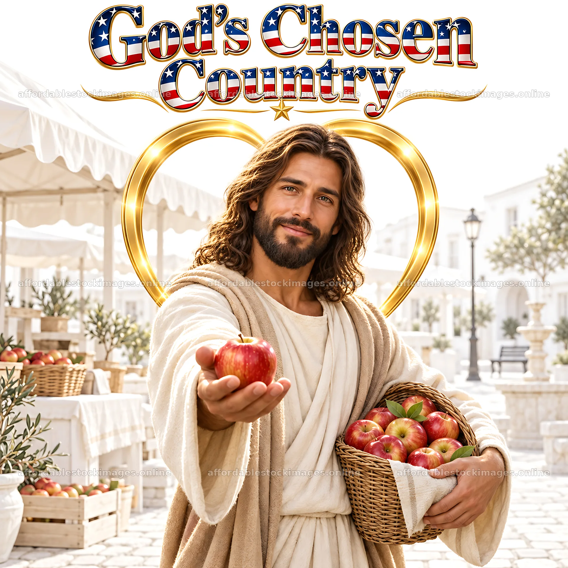 Jesus Christ offering an apple in a market setting – stock images 7746x7746