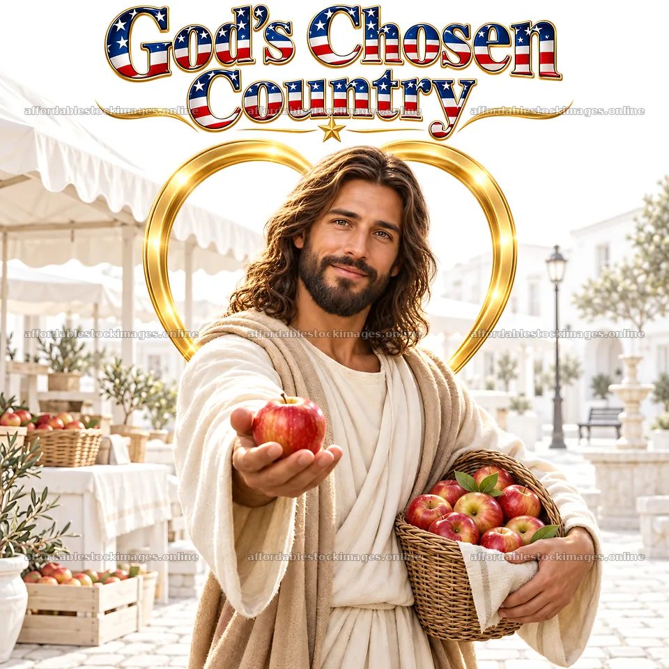 Jesus Christ offering an apple in a market setting – stock images 7746x7746