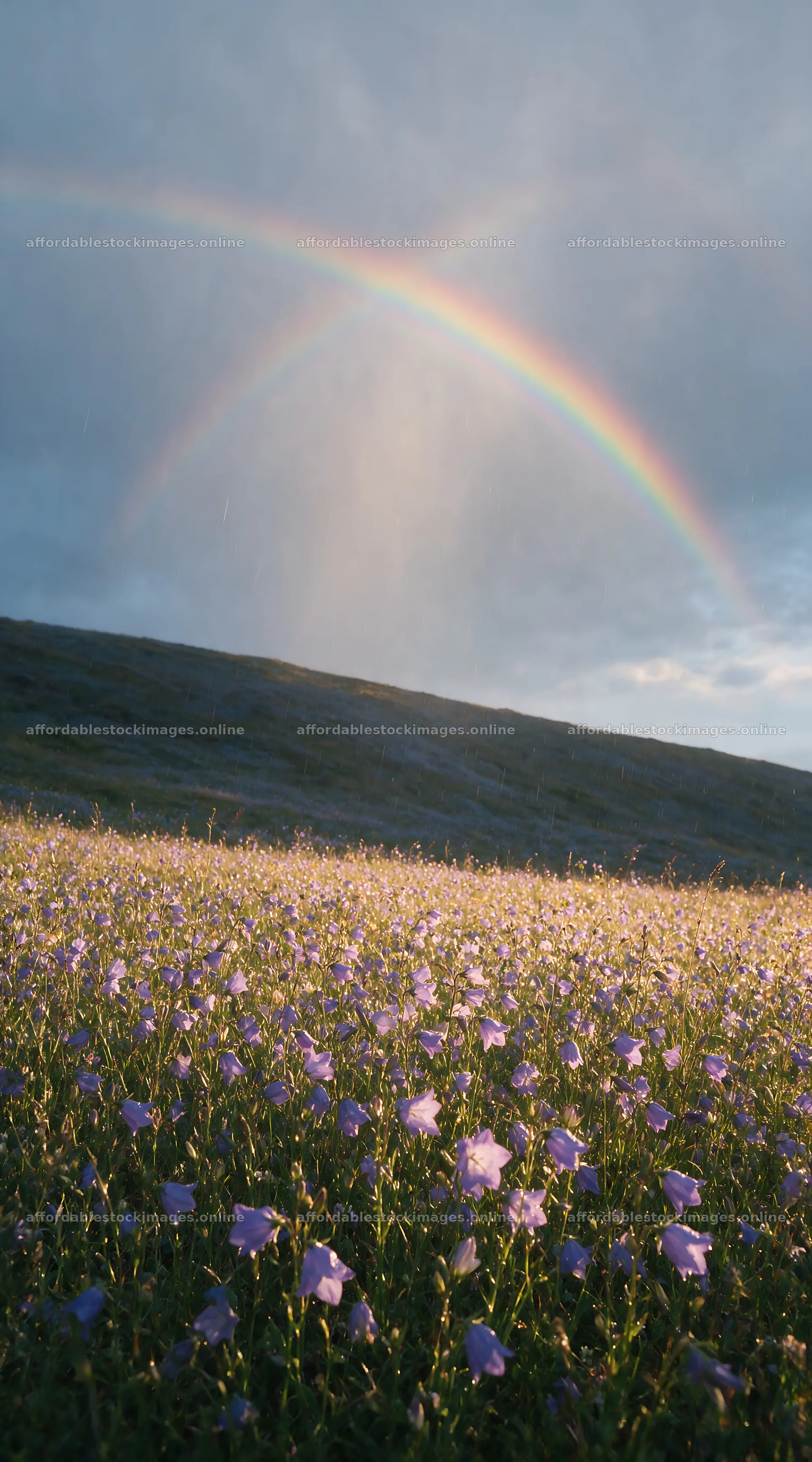 Campion bellflower meadow with rainbow in clear sky – stock images 5916x10648