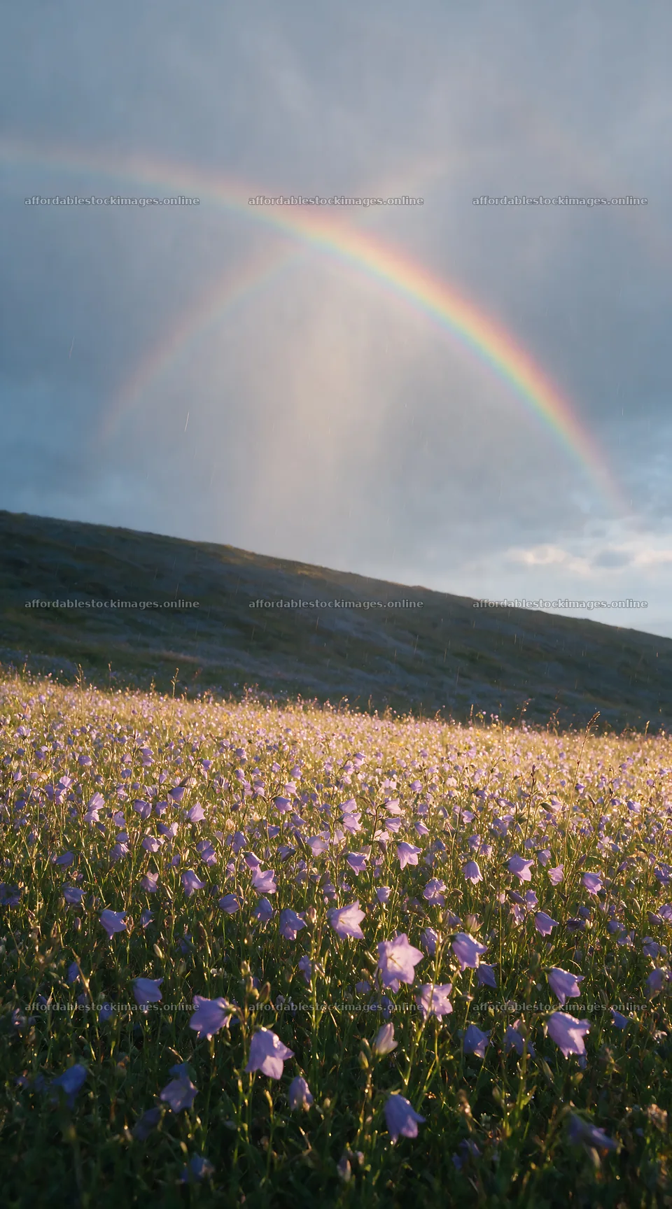 Campion bellflower meadow with rainbow in clear sky – stock images 5916x10648