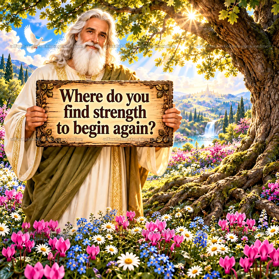 Jesus Christ holding a sign asking about strength to begin again – stock images 7746x7746