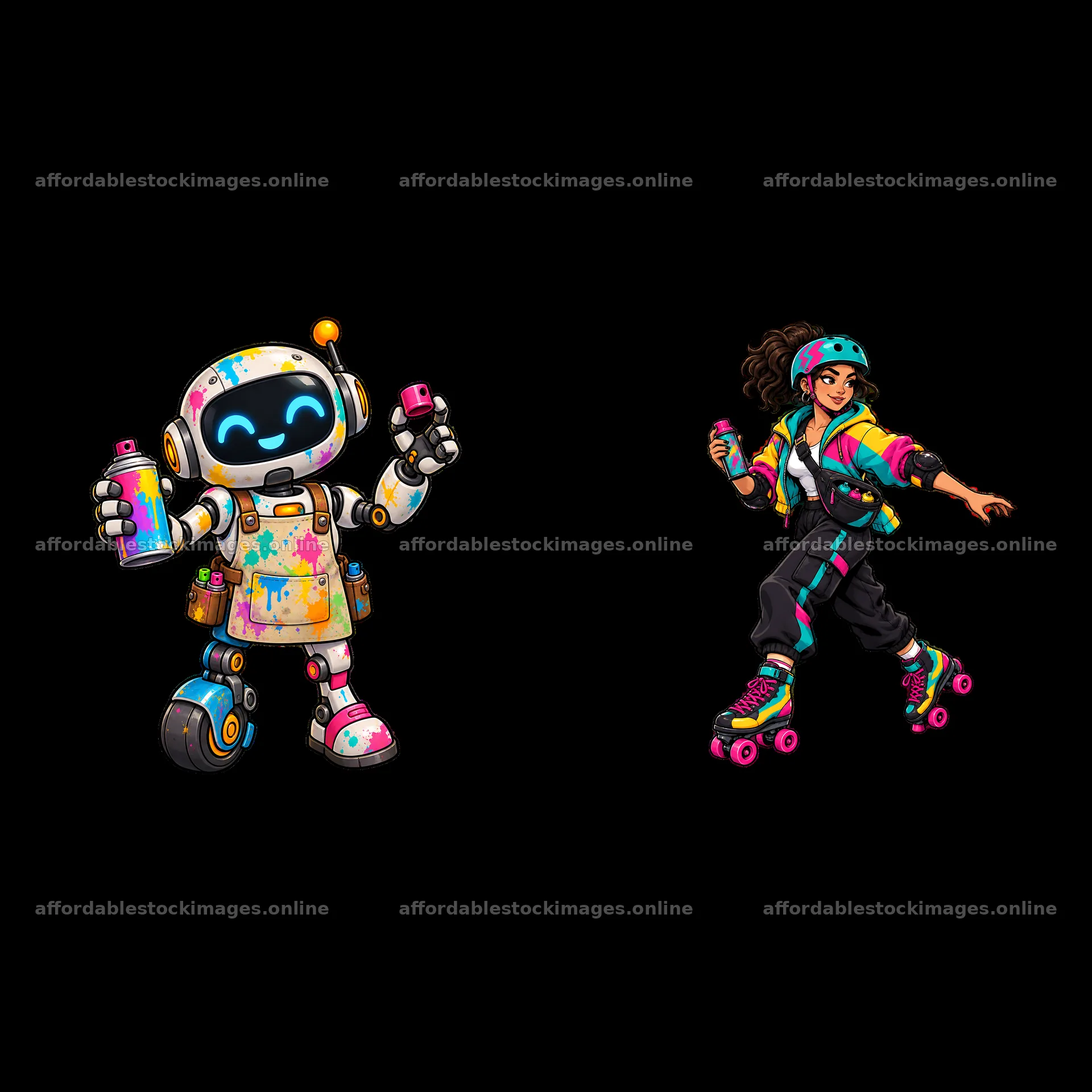 Graffiti sprayer robot and female roller skater duo illustration – stock images 7746x7746