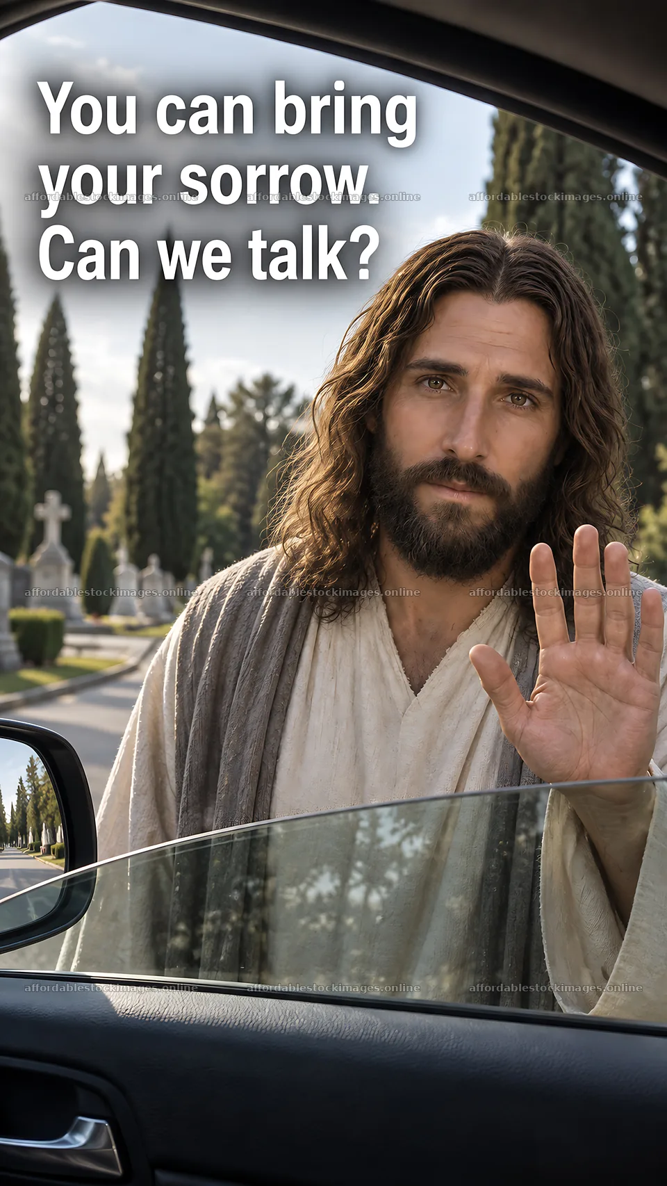 Jesus Christ inviting a conversation at a cemetery – stock images 5811x10326