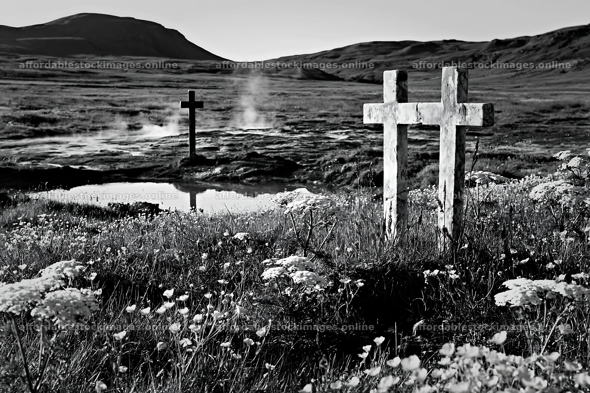 Christian crosses in thermal spring meadow – stock images 9722x6480
