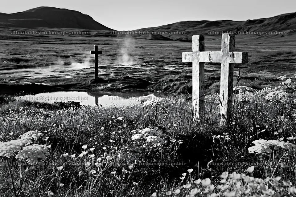 Christian crosses in thermal spring meadow – stock images 9722x6480