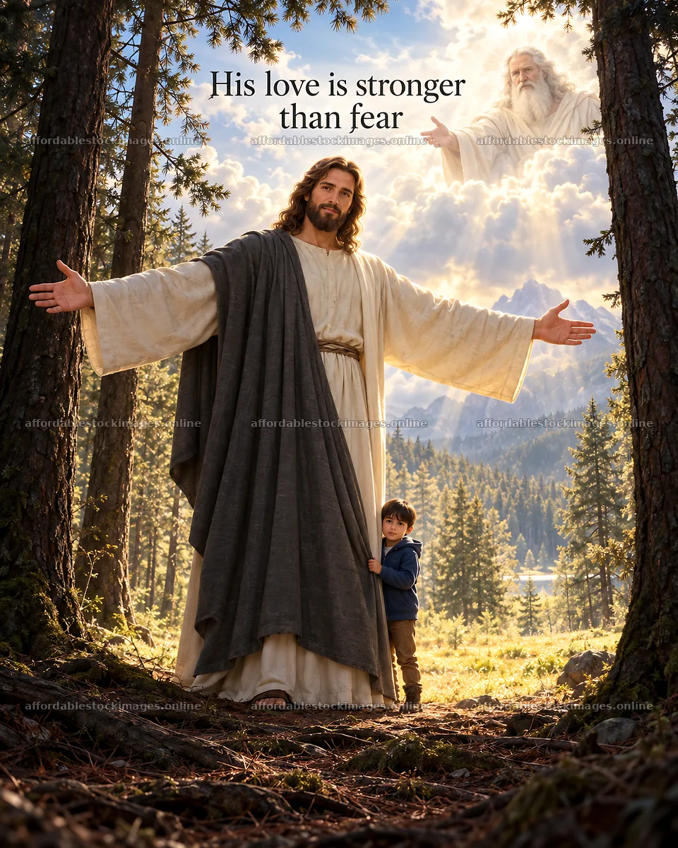 Jesus Christ embracing a child in a forest scene – stock images 6930x8659