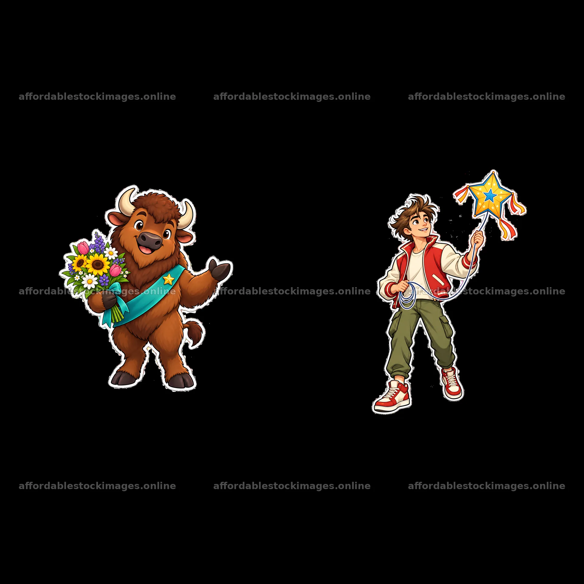Buffalo character with flowers and kid holding a star wand – stock images 7746x7746