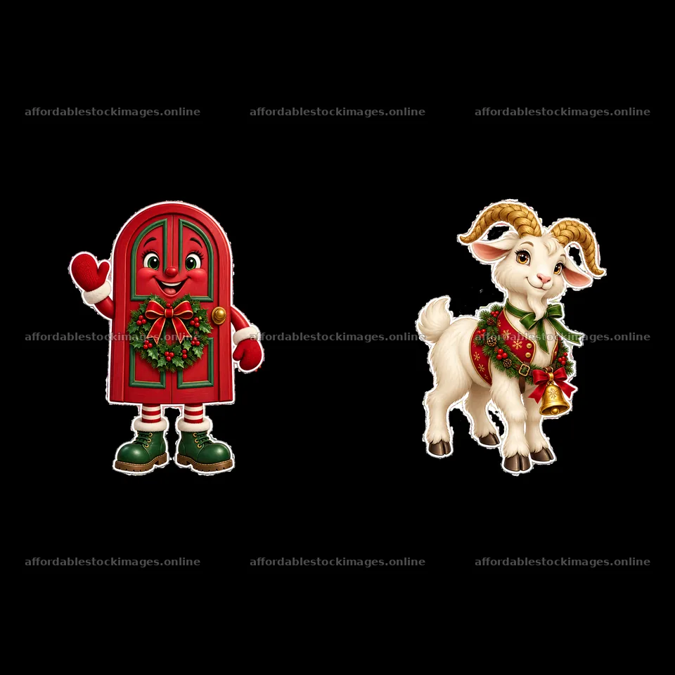 Cheerful Christmas door character with festive goat sticker pair – stock images 7746x7746