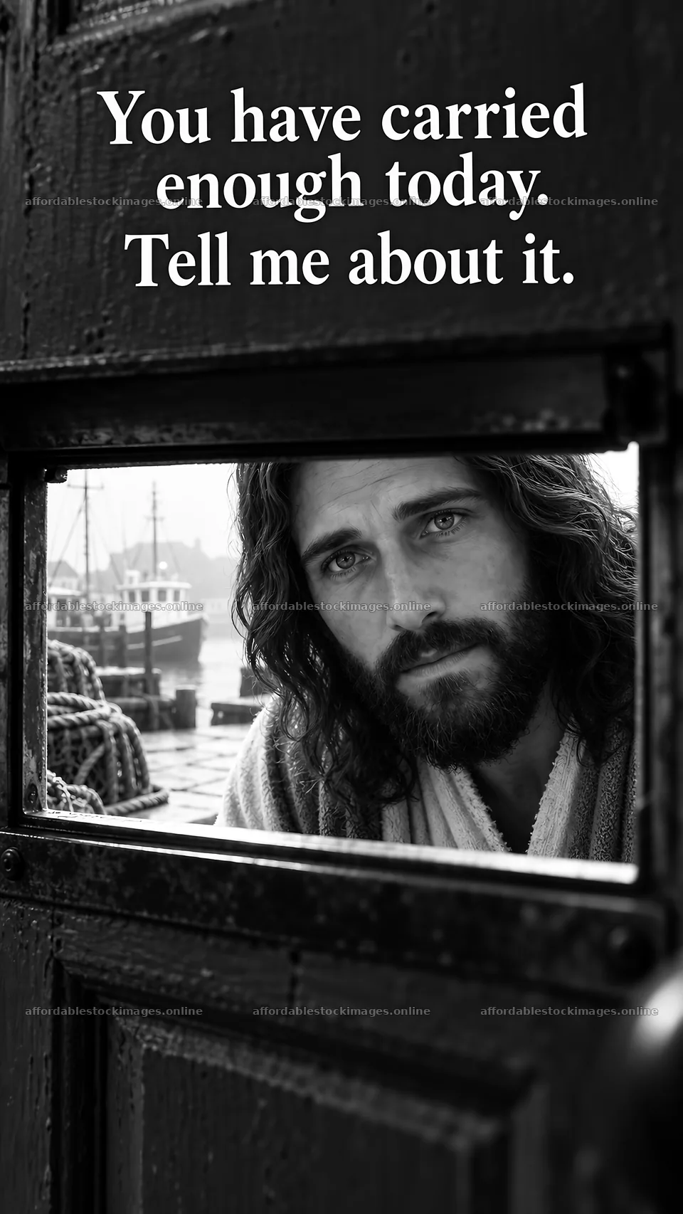 Jesus Christ comforting the viewer through an open door – stock images 5811x10326