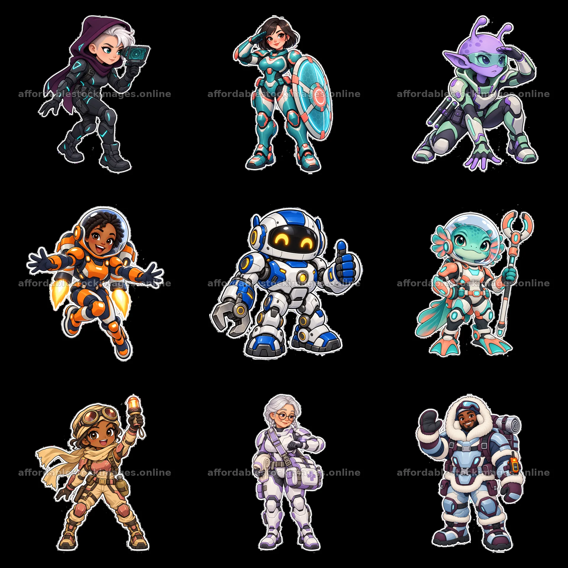 Kawaii futuristic super-soldier collection in 3x3 layout – stock images 7746x7746
