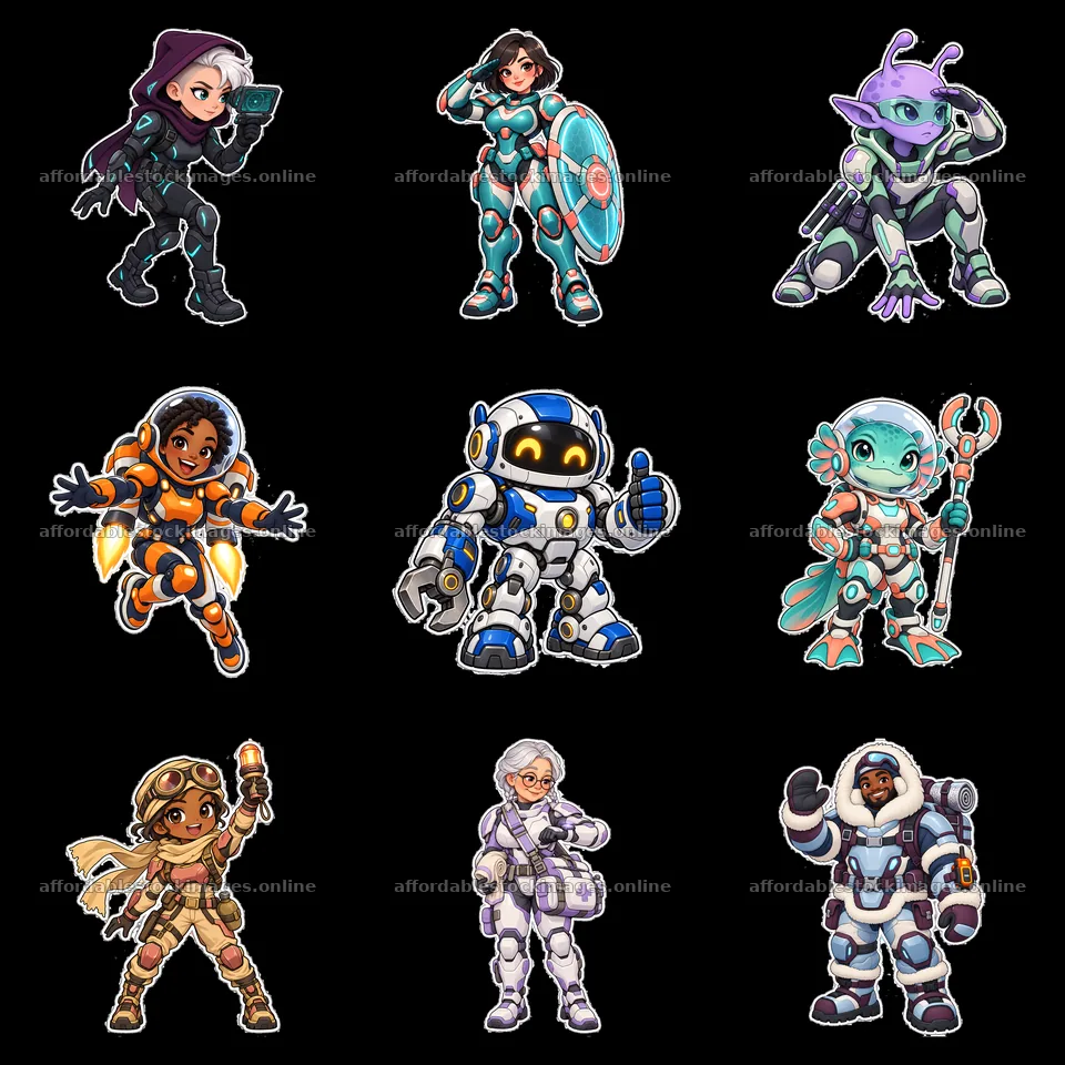 Kawaii futuristic super-soldier collection in 3x3 layout – stock images 7746x7746