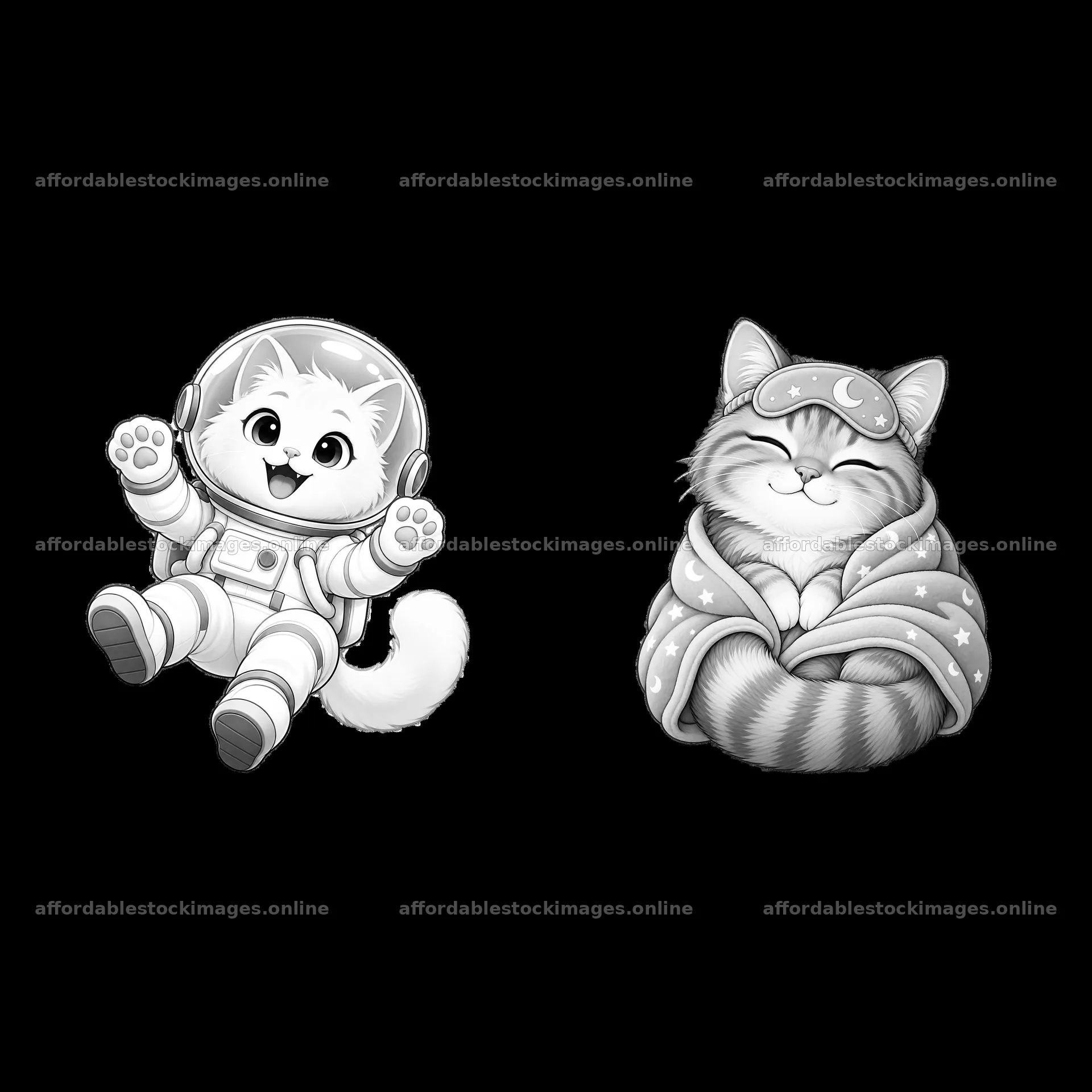 Cat astronaut and cozy kitten mascot sticker illustration – stock images 7746x7746