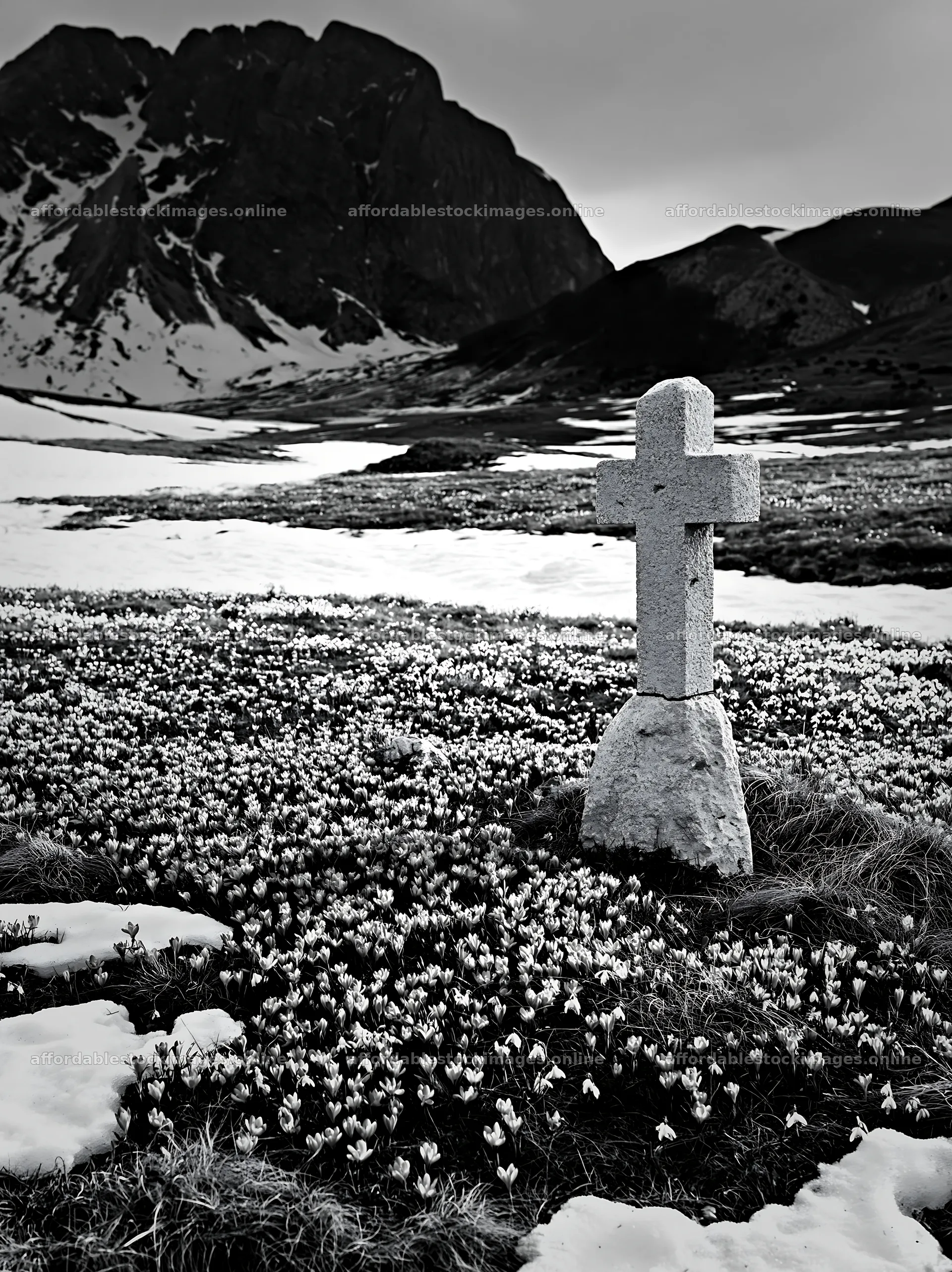 Stone Christian cross in snowy meadow near mountains – stock images 6866x9174