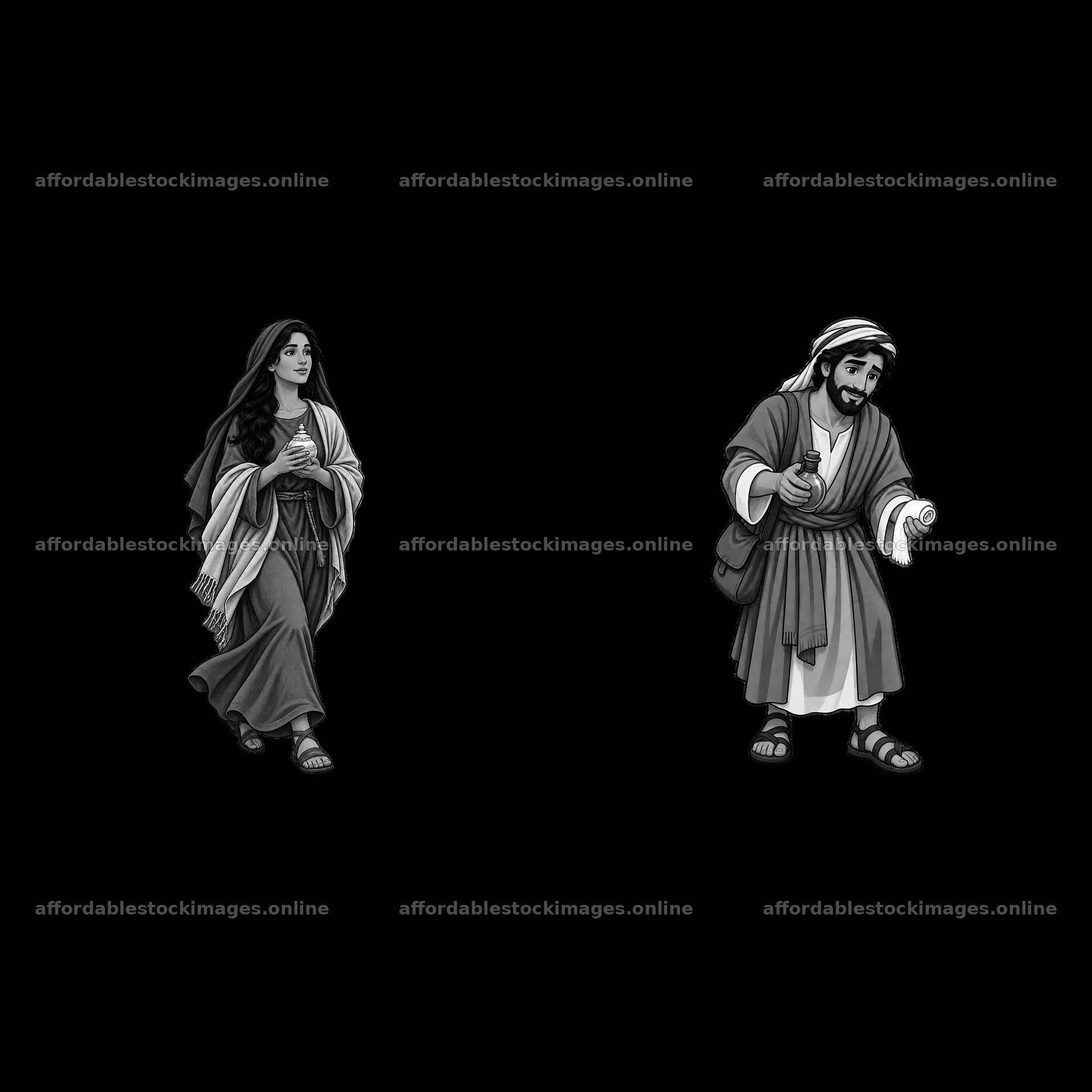 Jesus and Mary walking together in monochrome sticker – stock images 7746x7746