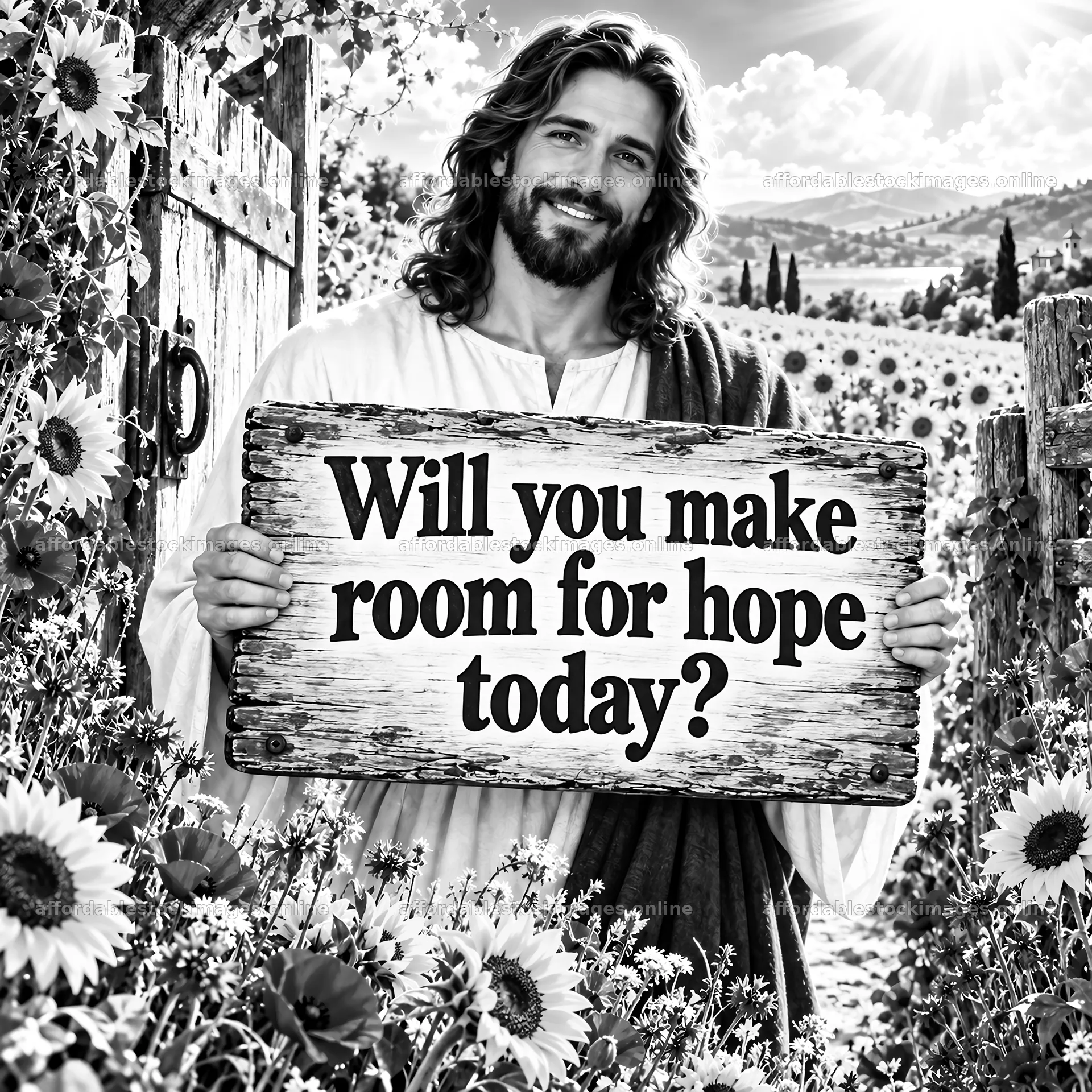 Jesus Christ inviting hope with a message in a field of – stock images 7746x7746