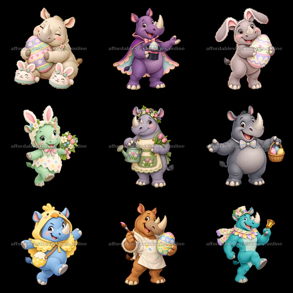 Easter rhinoceros characters in colorful festive attire – stock images 7746x7746
