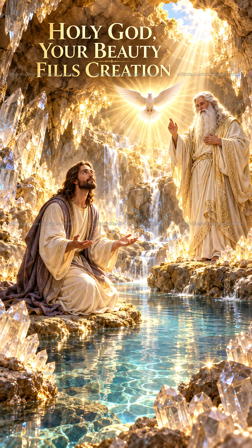 Jesus Christ in prayer with God and a dove in a bright setting – stock images 5811x10326