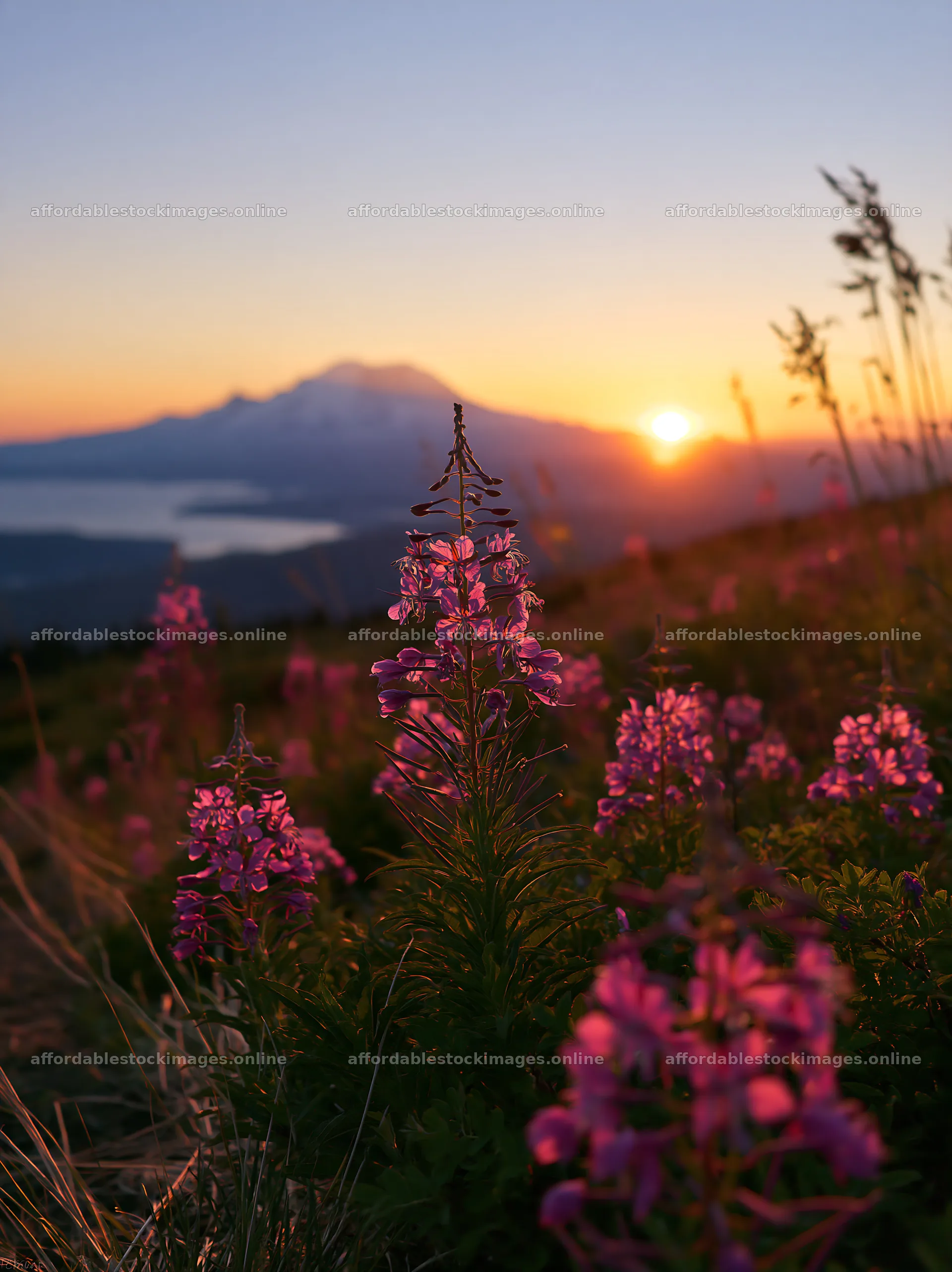 Fireweed meadow at sunset with mountains in the background – stock images 6866x9174