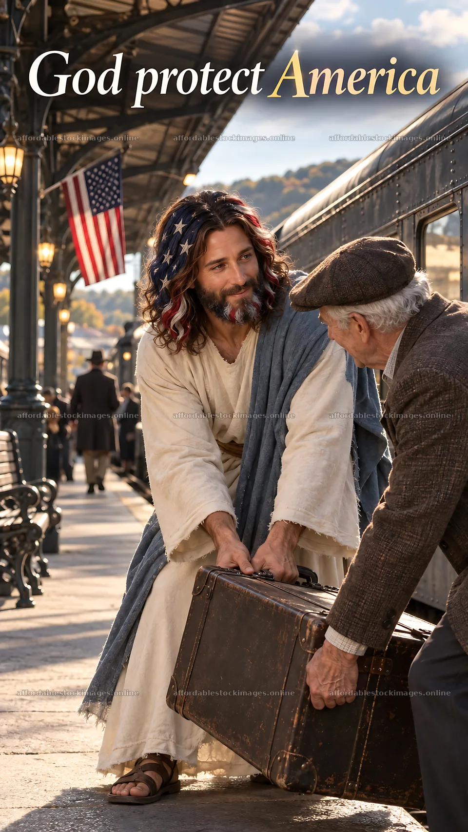 Jesus Christ helping a traveler at a train station – stock images 5811x10326