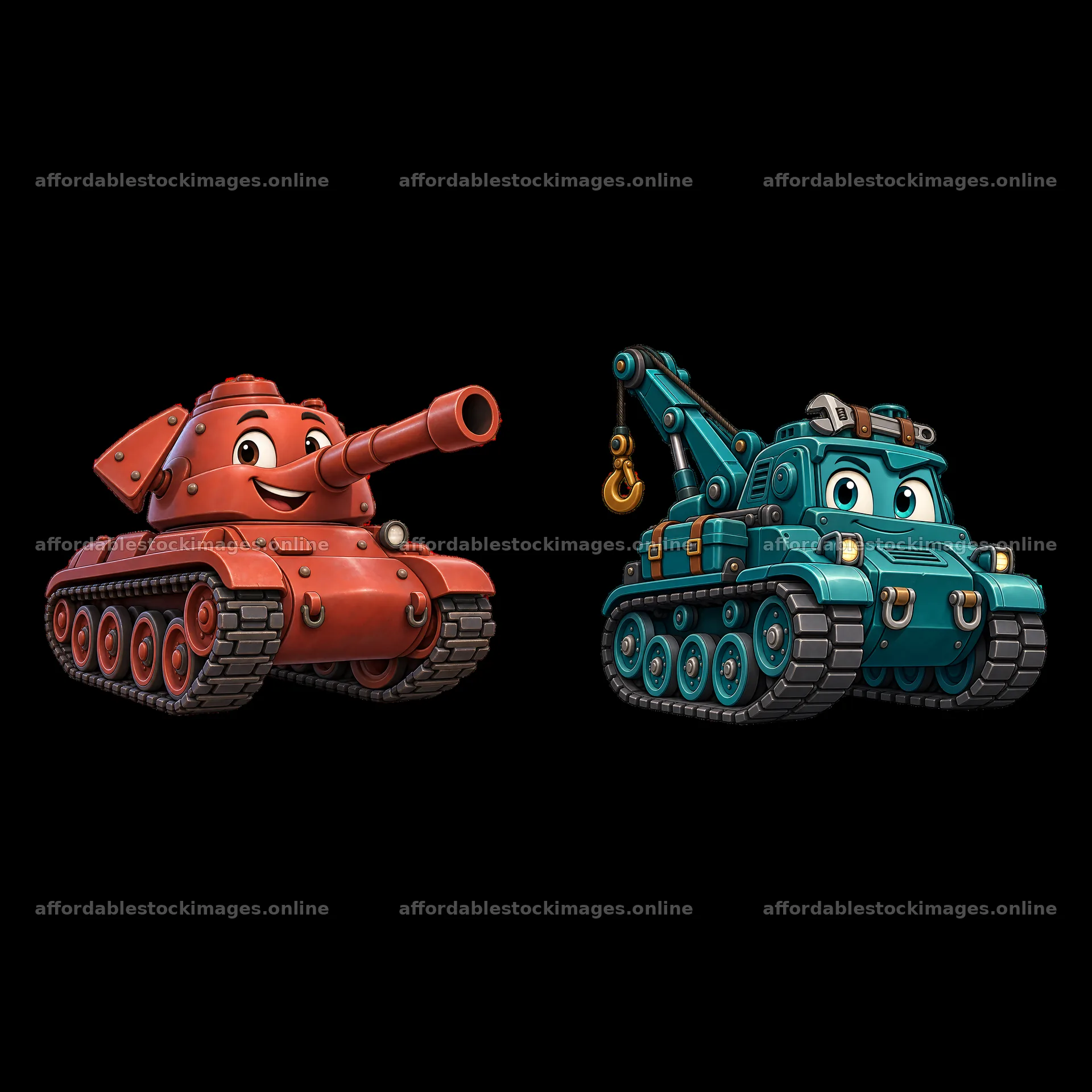 Cartoon tank characters in bright red and teal colors – stock images 7746x7746