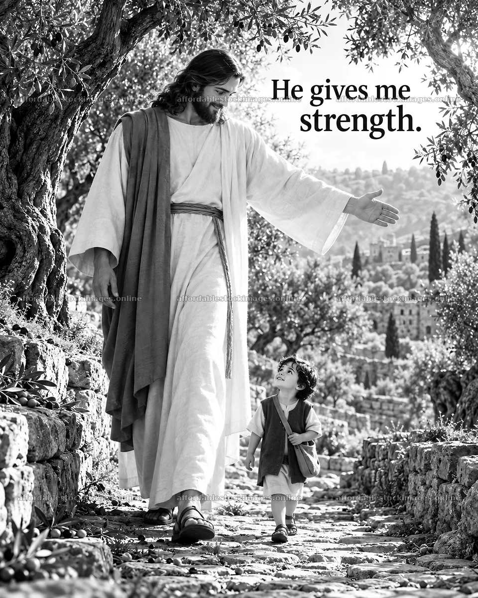Jesus Christ walking with a child – stock images 6930x8659