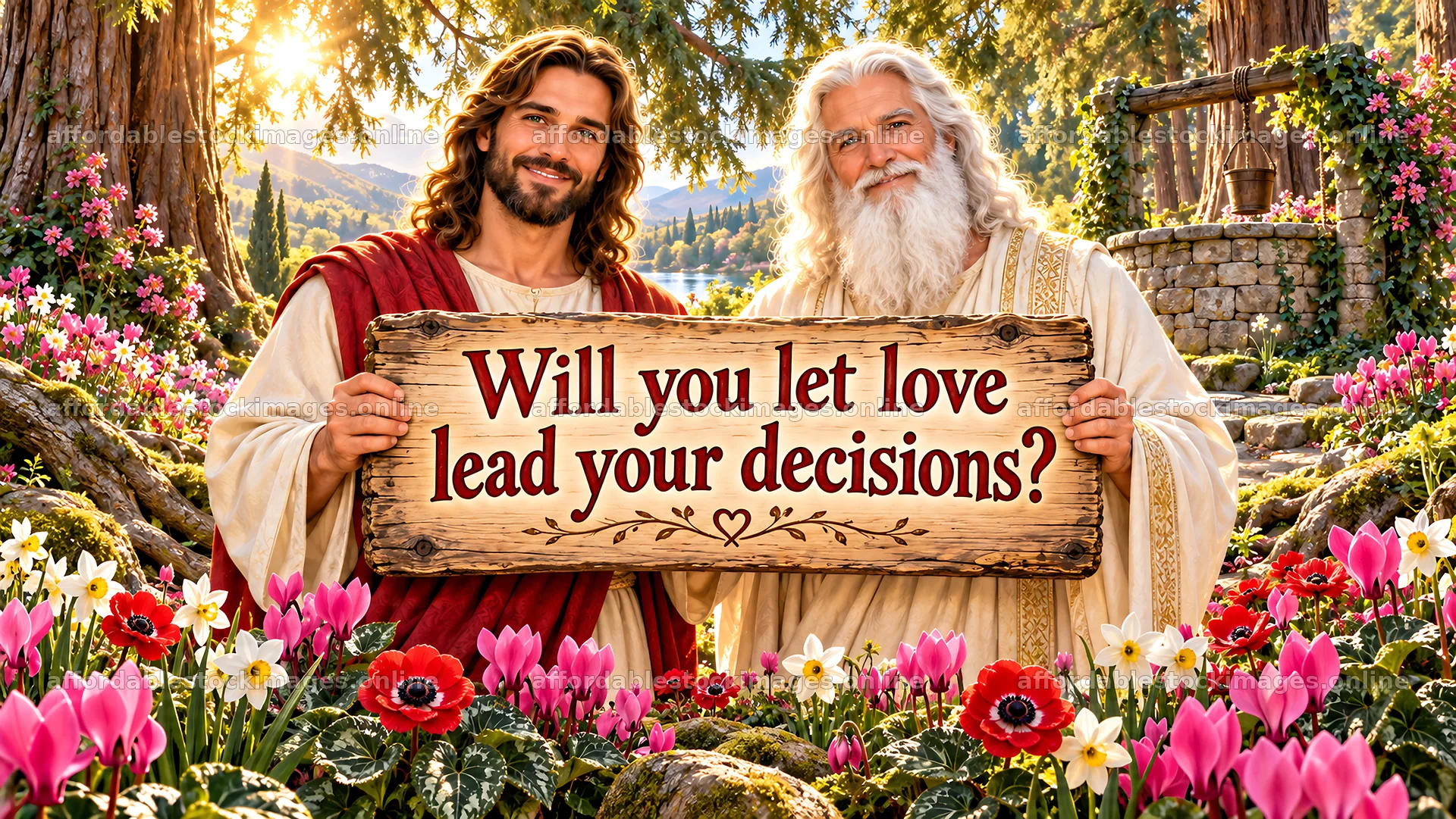 Jesus Christ and God encouraging love in decision making – stock images 10324x5812