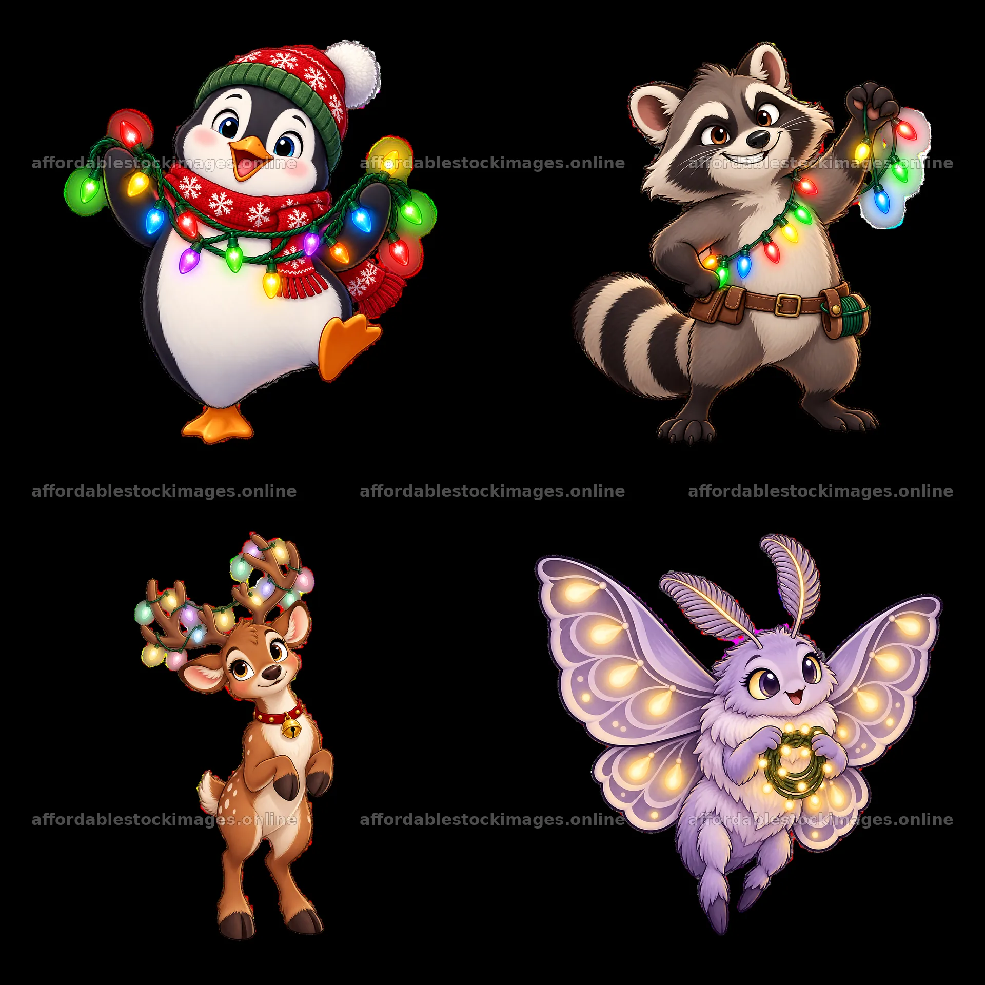 Cute cartoon animals with string lights in a 2x2 layout – stock images 7746x7746