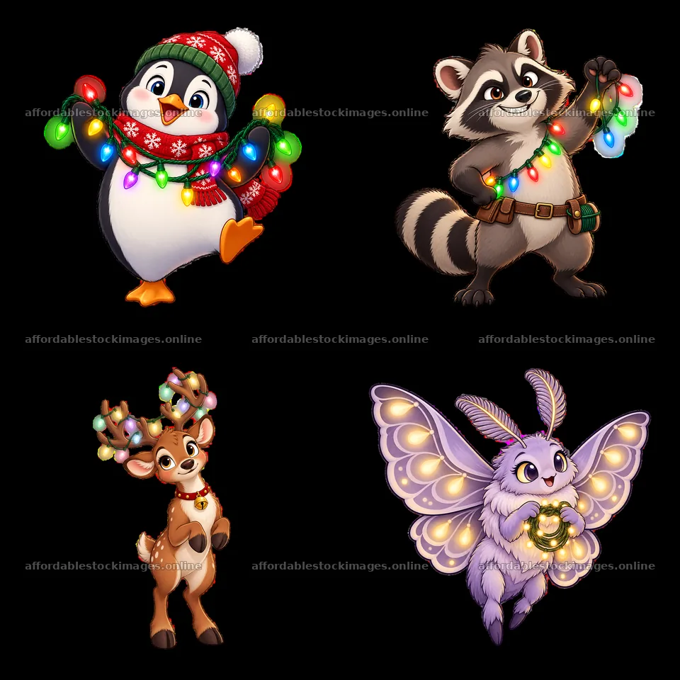 Cute cartoon animals with string lights in a 2x2 layout – stock images 7746x7746