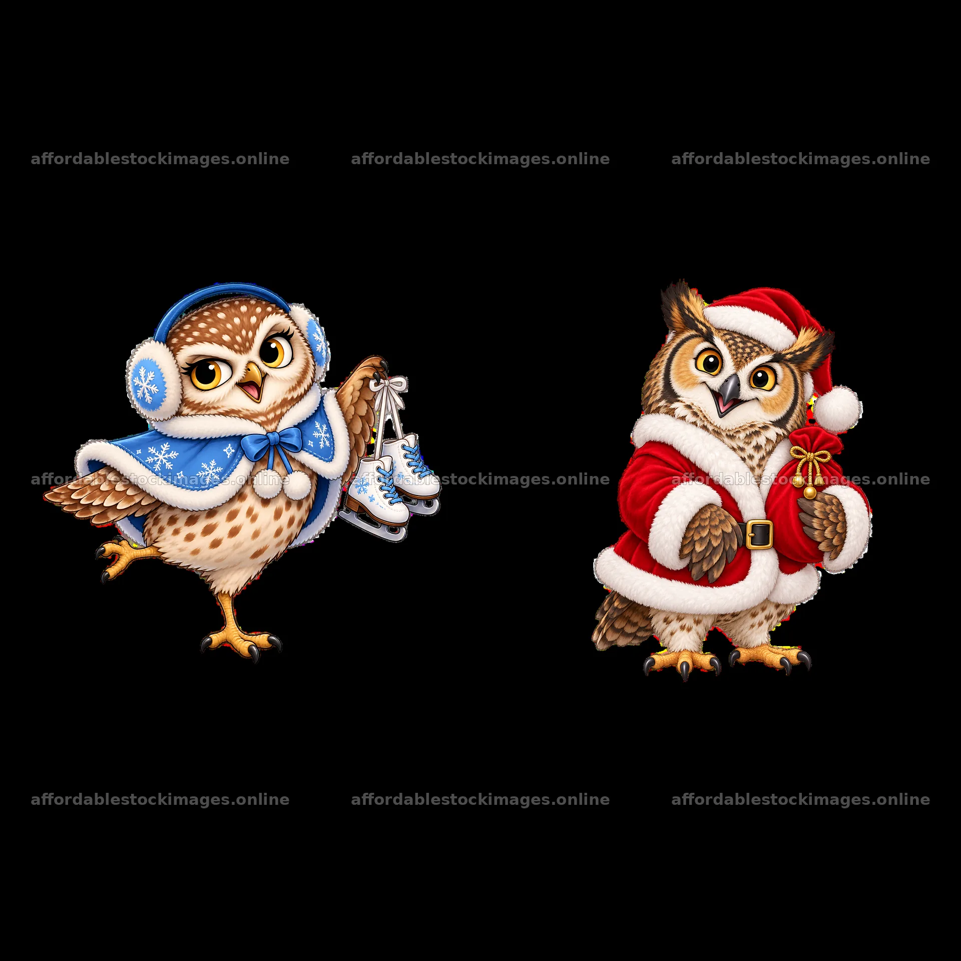 Christmas owls in winter attire with ice skates and gifts – stock images 7746x7746