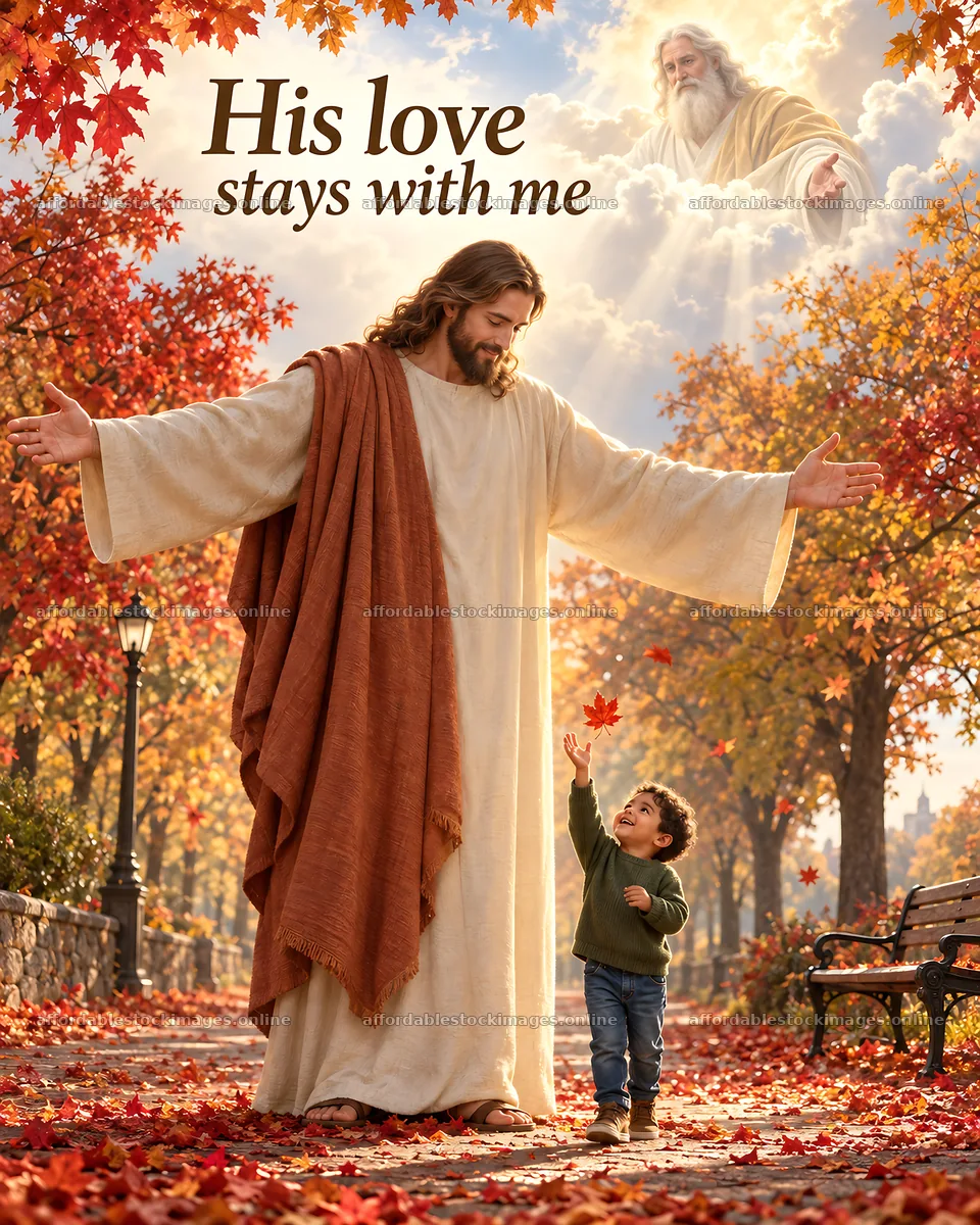 Jesus Christ walking with a child in a colorful autumn setting – stock images 6930x8659