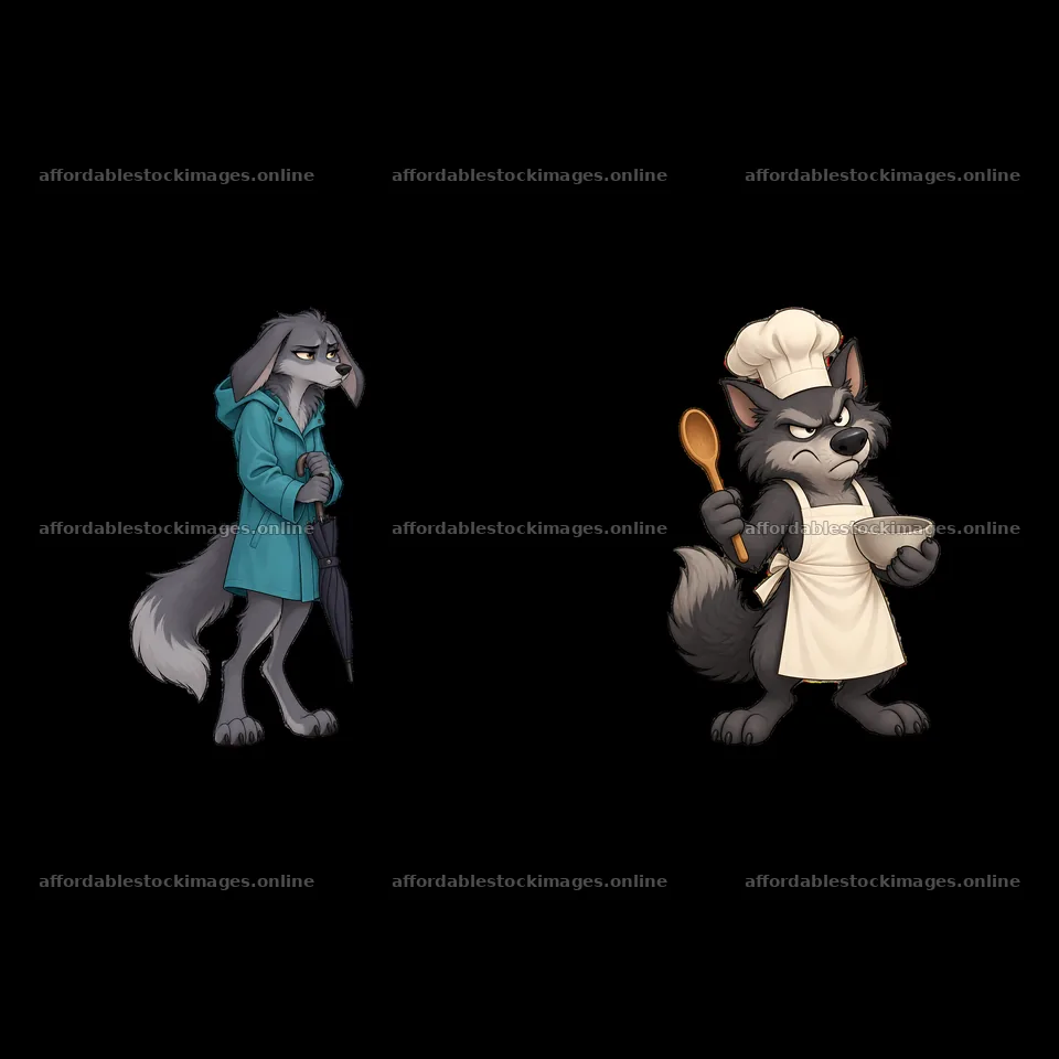 Grumpy wolf with umbrella and chef wolf with spoon – stock images 7746x7746