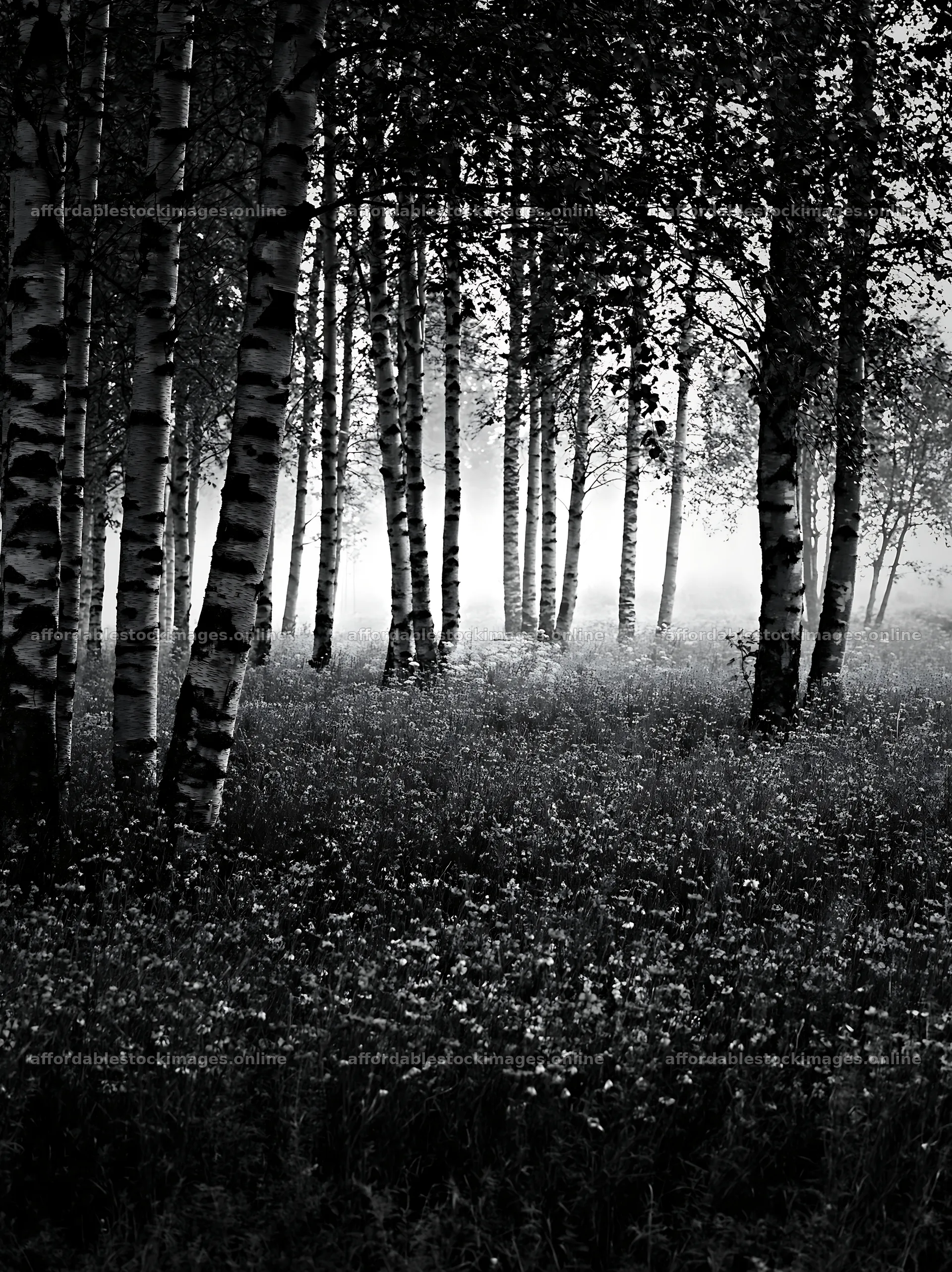 Misty forest meadow with blooming flowers and tall trees – stock images 6866x9174