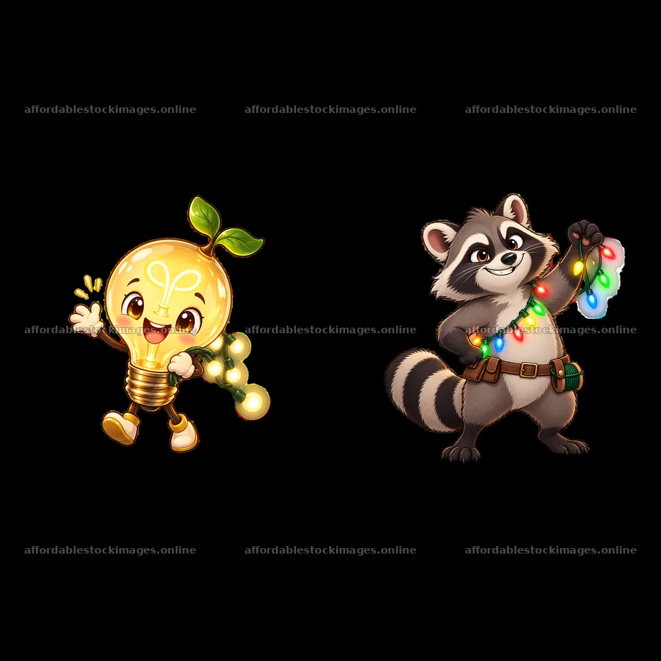 Light bulb character and raccoon holding string lights – stock images 7746x7746