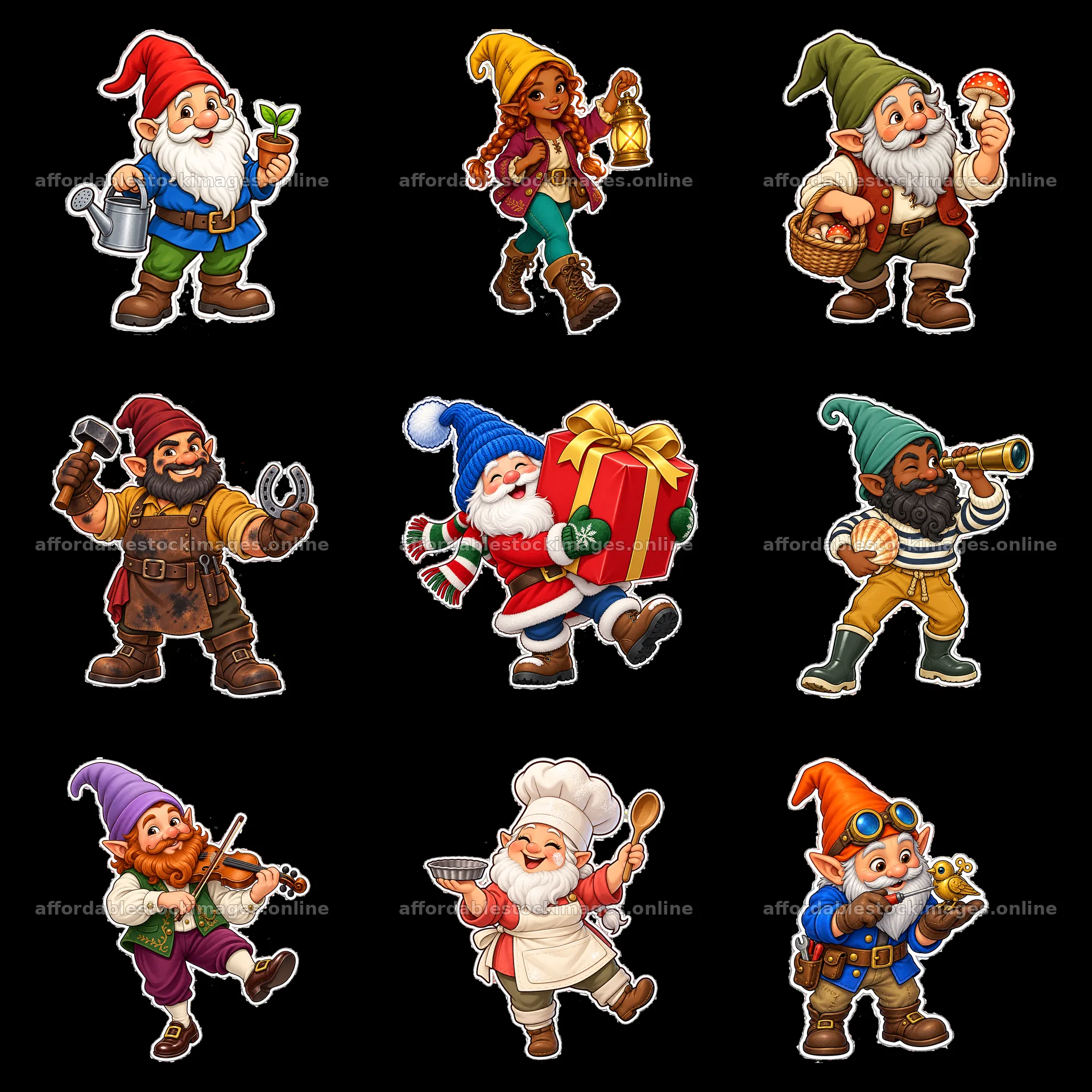 Gnomes engaged in various activities with colorful accessories – stock images 7746x7746