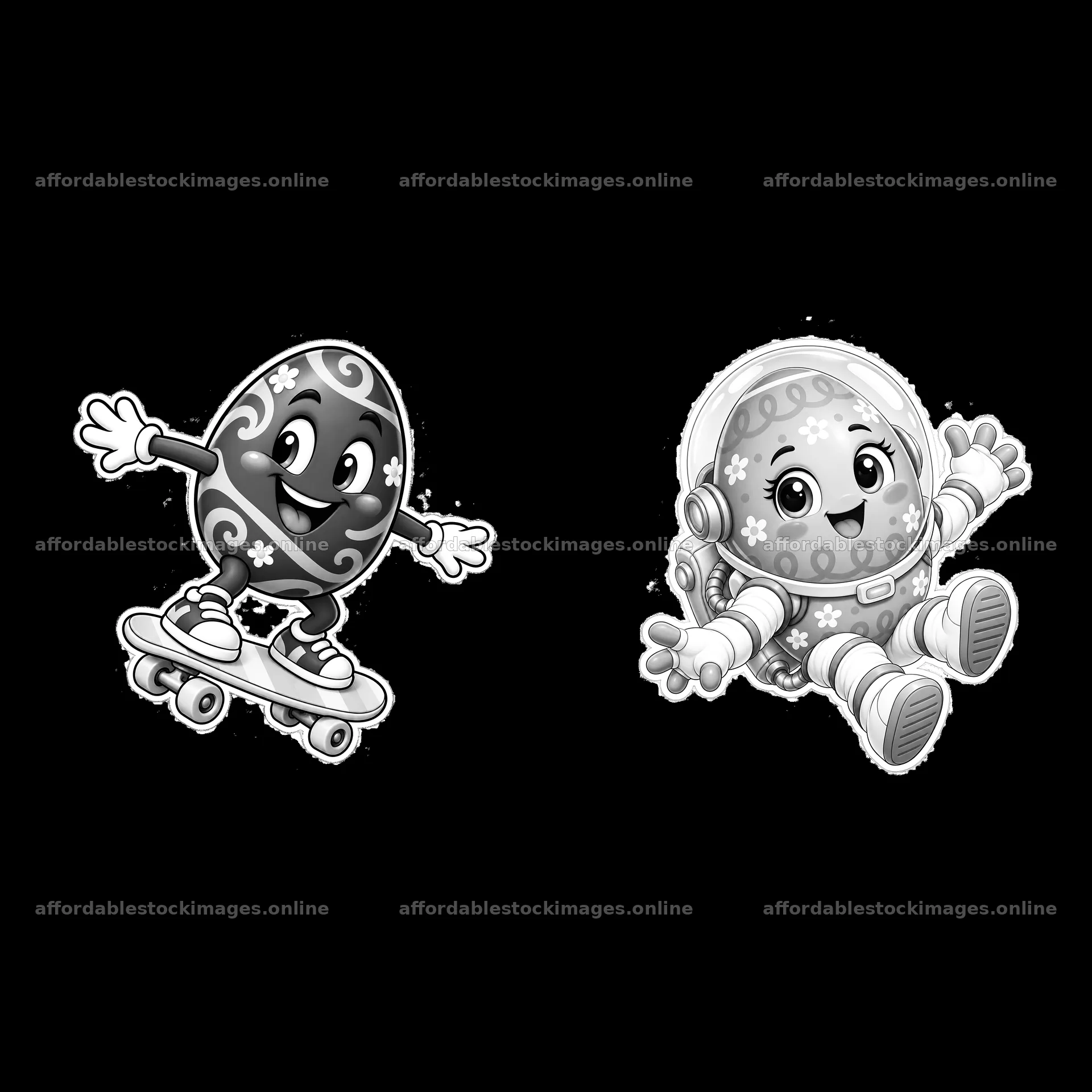 Colorful cartoon Easter egg character skating with astronaut egg – stock images 7746x7746