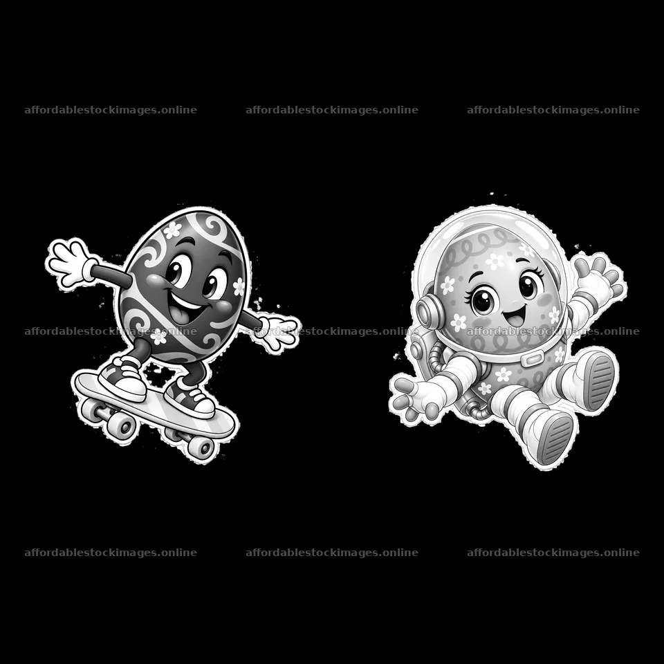 Colorful cartoon Easter egg character skating with astronaut egg – stock images 7746x7746