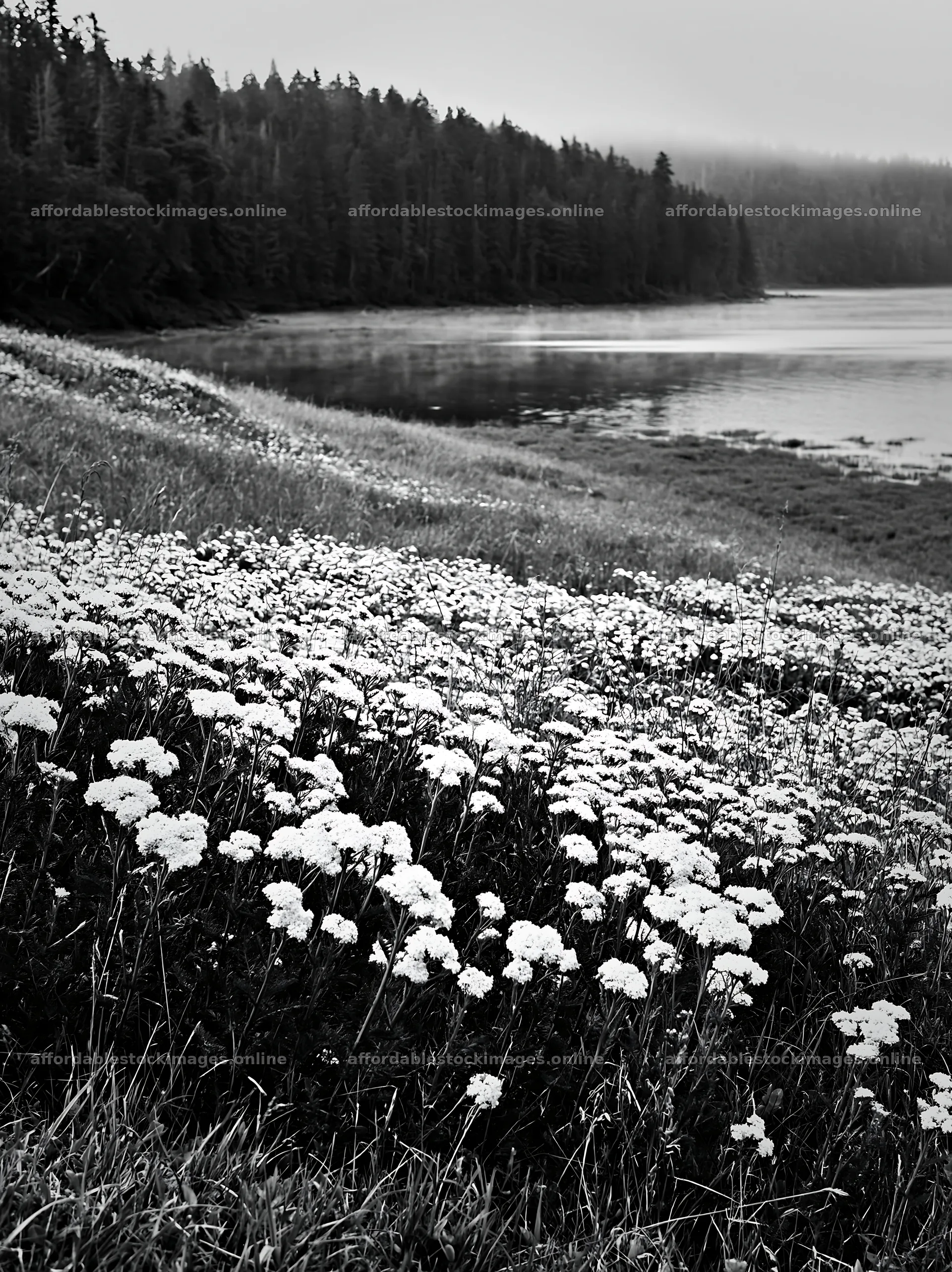 Sunny white umbel meadow by the water's edge – stock images 6866x9174