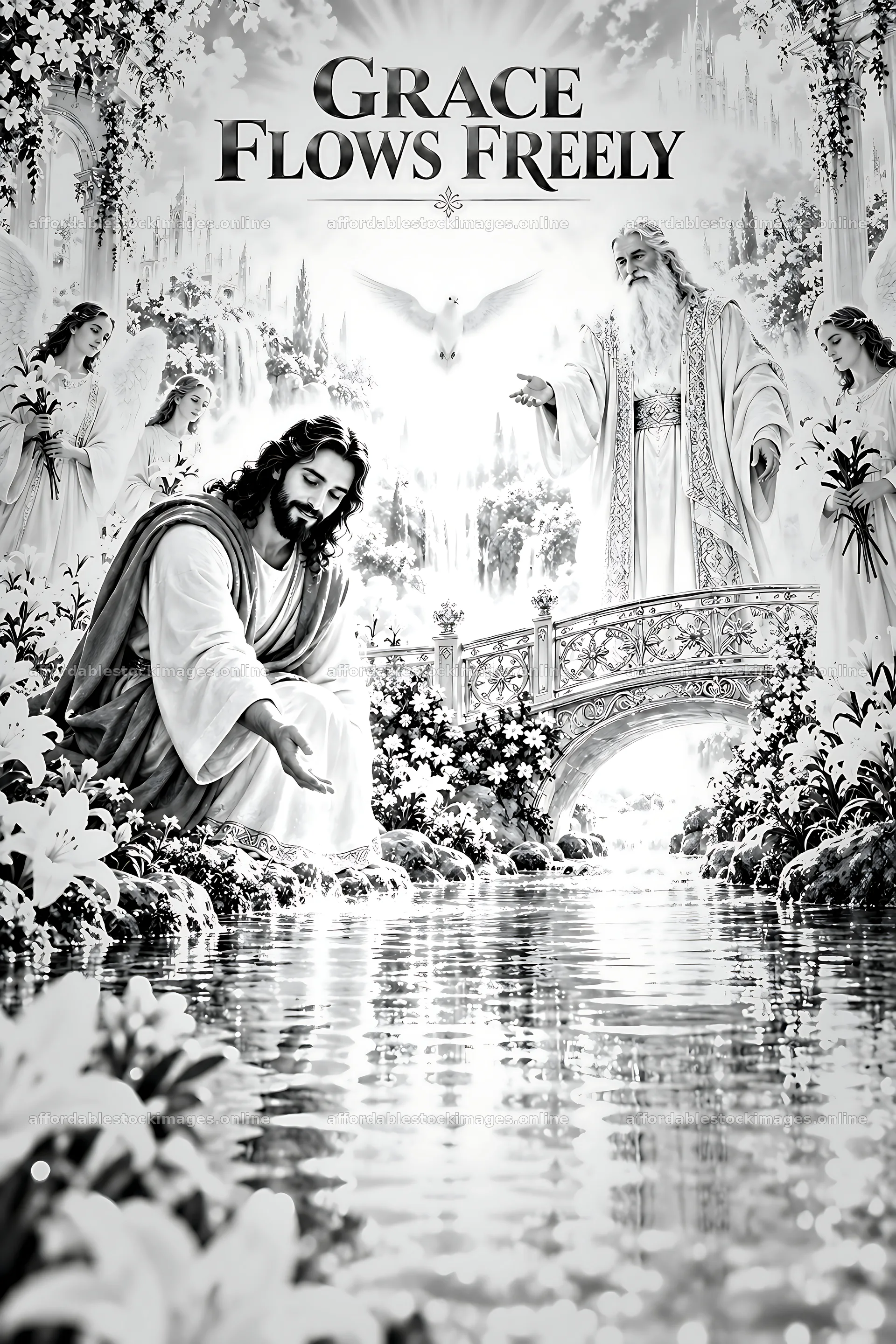 Grace flows freely in a serene setting with divine figures – stock images 6480x9722