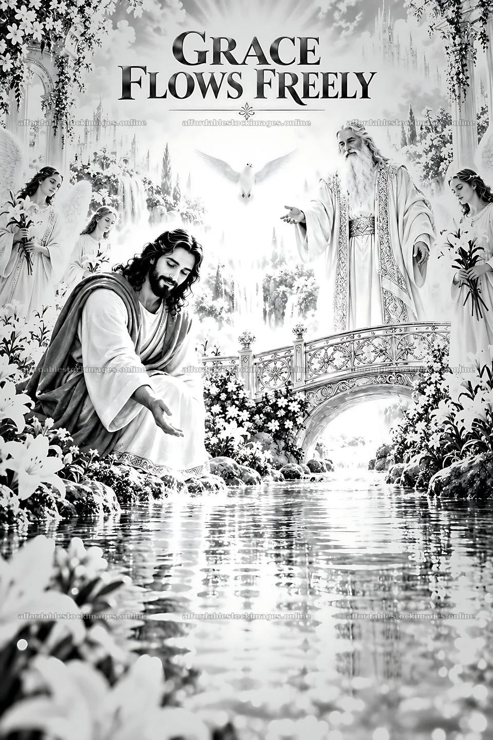Grace flows freely in a serene setting with divine figures – stock images 6480x9722
