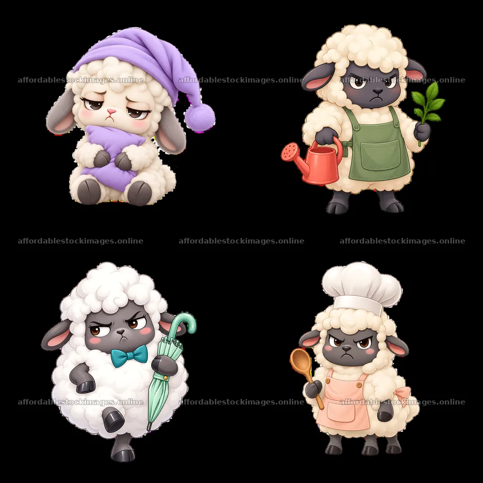 Kawaii grumpy sheep characters in various activities – stock images 7746x7746