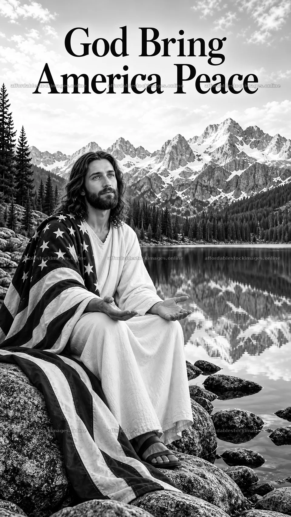 Jesus Christ praying for peace by a tranquil lake – stock images 5811x10326